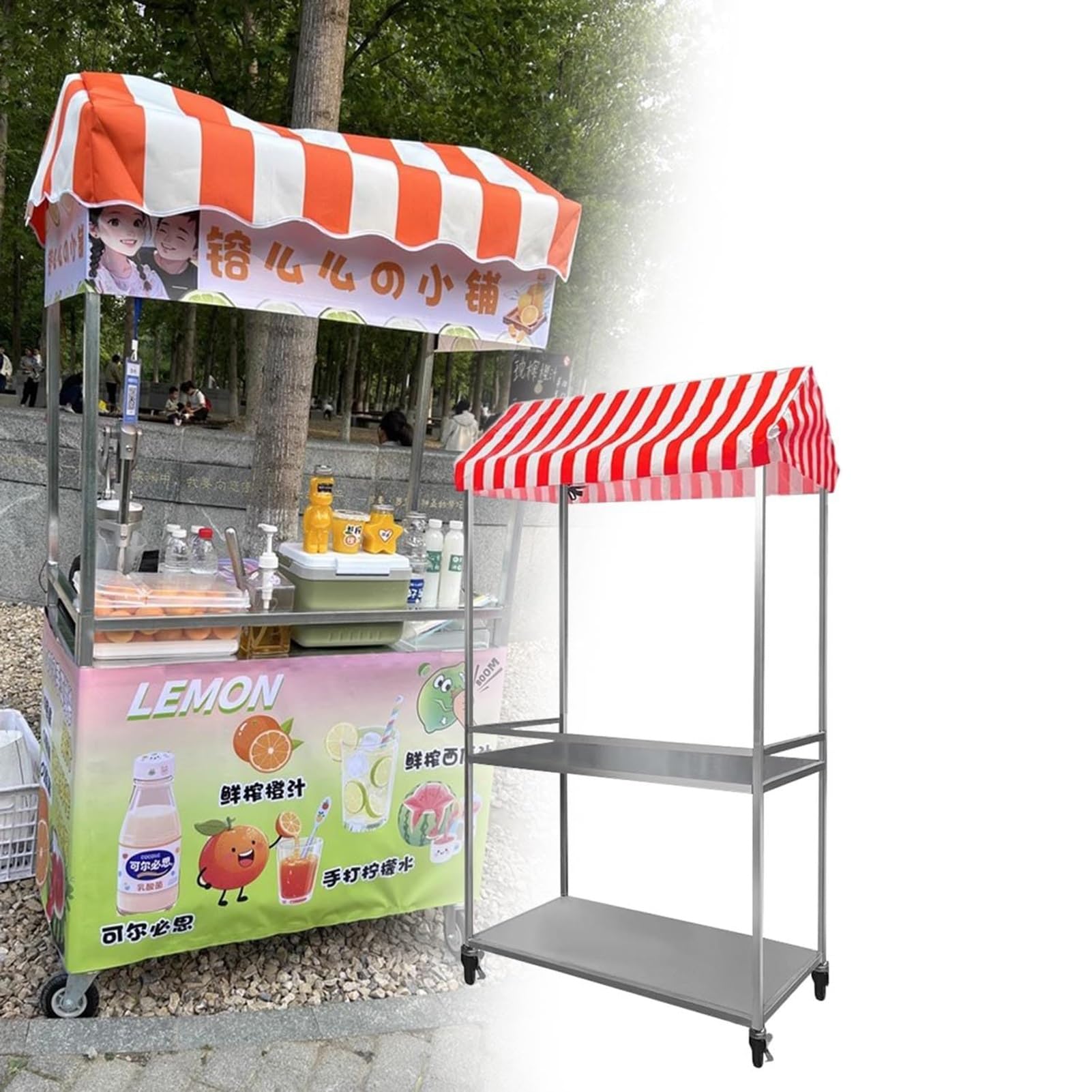 Présentoir de marché portable à 2 niveaux avec auvent rouge et chariot roulant