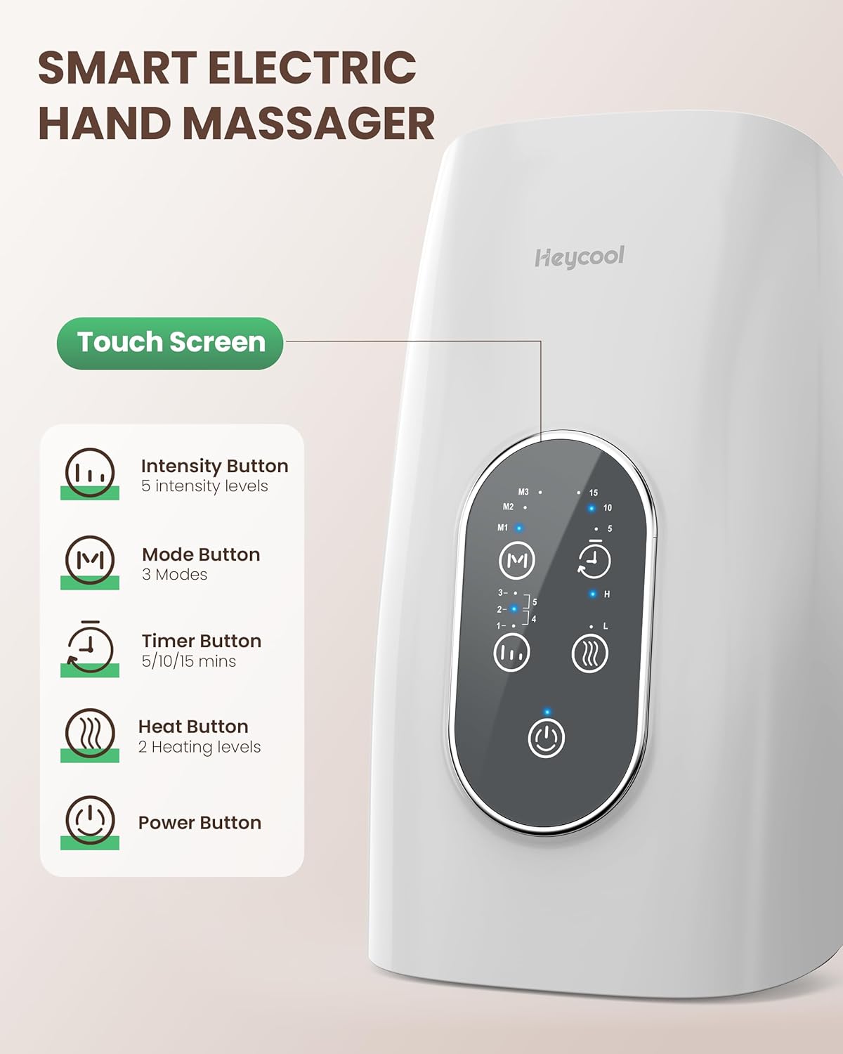 Close-up of Heycool Hand Massager control panel with buttons for Intensity, Mode, Timer, Heat, and Power.