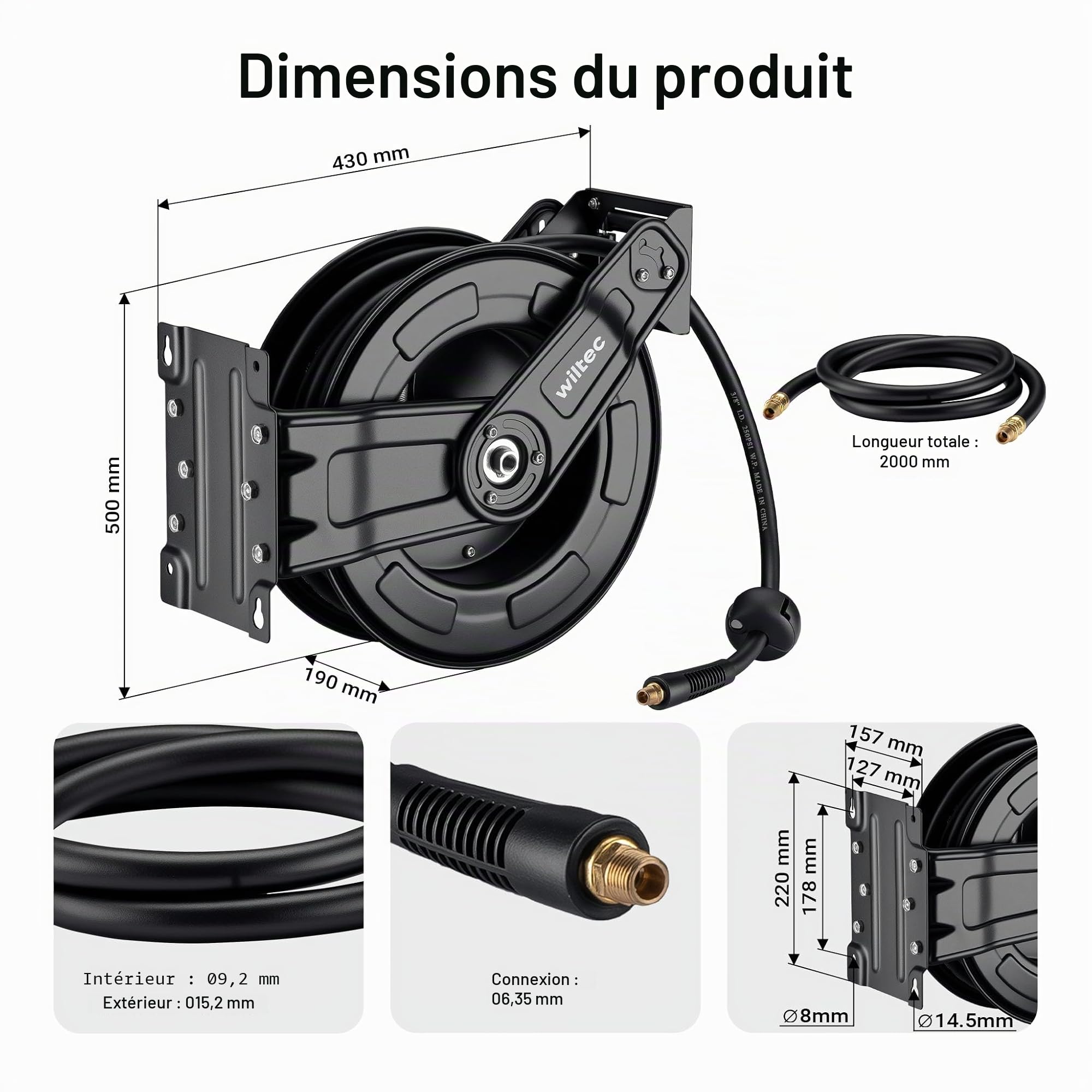 Wiltec Dévidoir automatique avec tuyau hybride 20 m + 2 m – Montage mural – En PVC, caoutchouc, acier – Enrouleur de tuyau pneumatique 20 bar – Pivotable à 180° – Connexion 1/4"