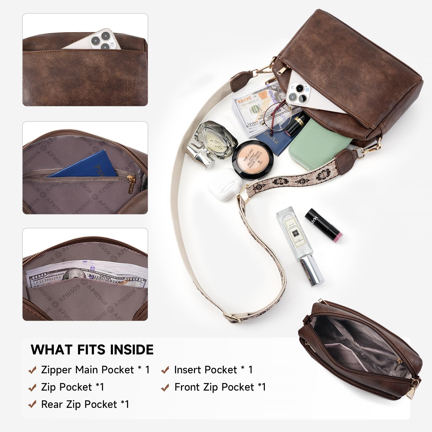 APHISON Small Crossbody Bags for Women, Triple Zip Crossbody Cell Phone Purse Shoulder Handbags with Adjustable Strap | Small, Triple Zip, Crossbody, with Adjustable Strap - Image 3