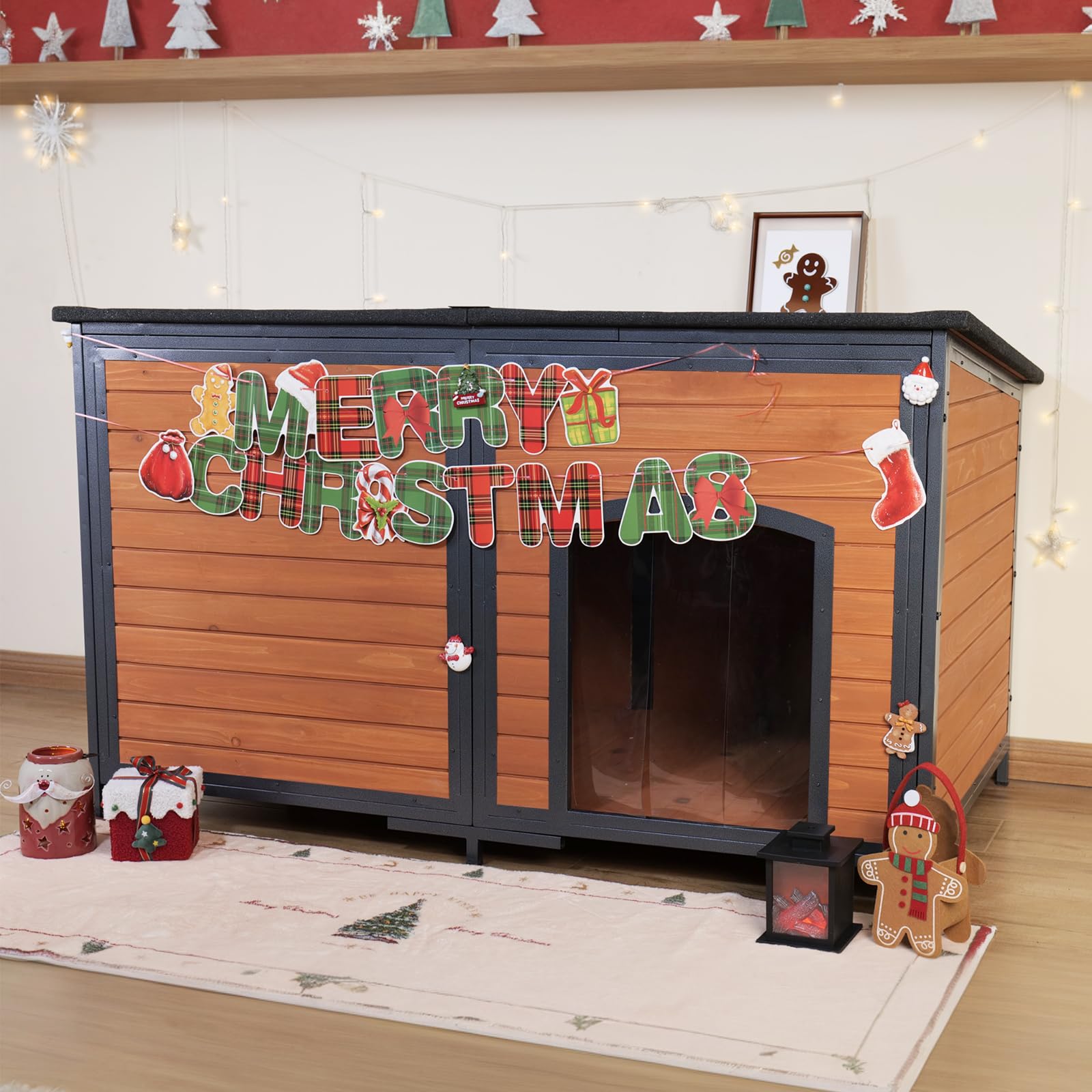 Large Dog House Outdoor 59.1" Outside Wooden Dog Kennel, Chewproof Strong Iron Frame Window for Small Medium Large Extra Large Dogs