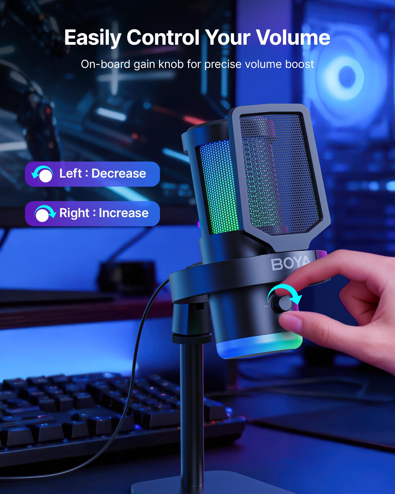 BOYA G30 Microphone Gaming USB PC/PS4/PS5, 192/96/48 kHz, 24/16 Bits, RGB, Réduction de Bruit, Mute, Contrôle du Gain, Monitoring, Filtre Anti-Pop, Micro à Condensateur pour Streaming et Podcast