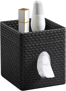 Square Tissue Box Cover, Stylish Leather Tissue Box Holder with Magnetic Bottom, Used As A Decorative Tissue Holder for Living Rooms, (Beige Woven Pattern) (Two-Layer Black Woven Pattern)