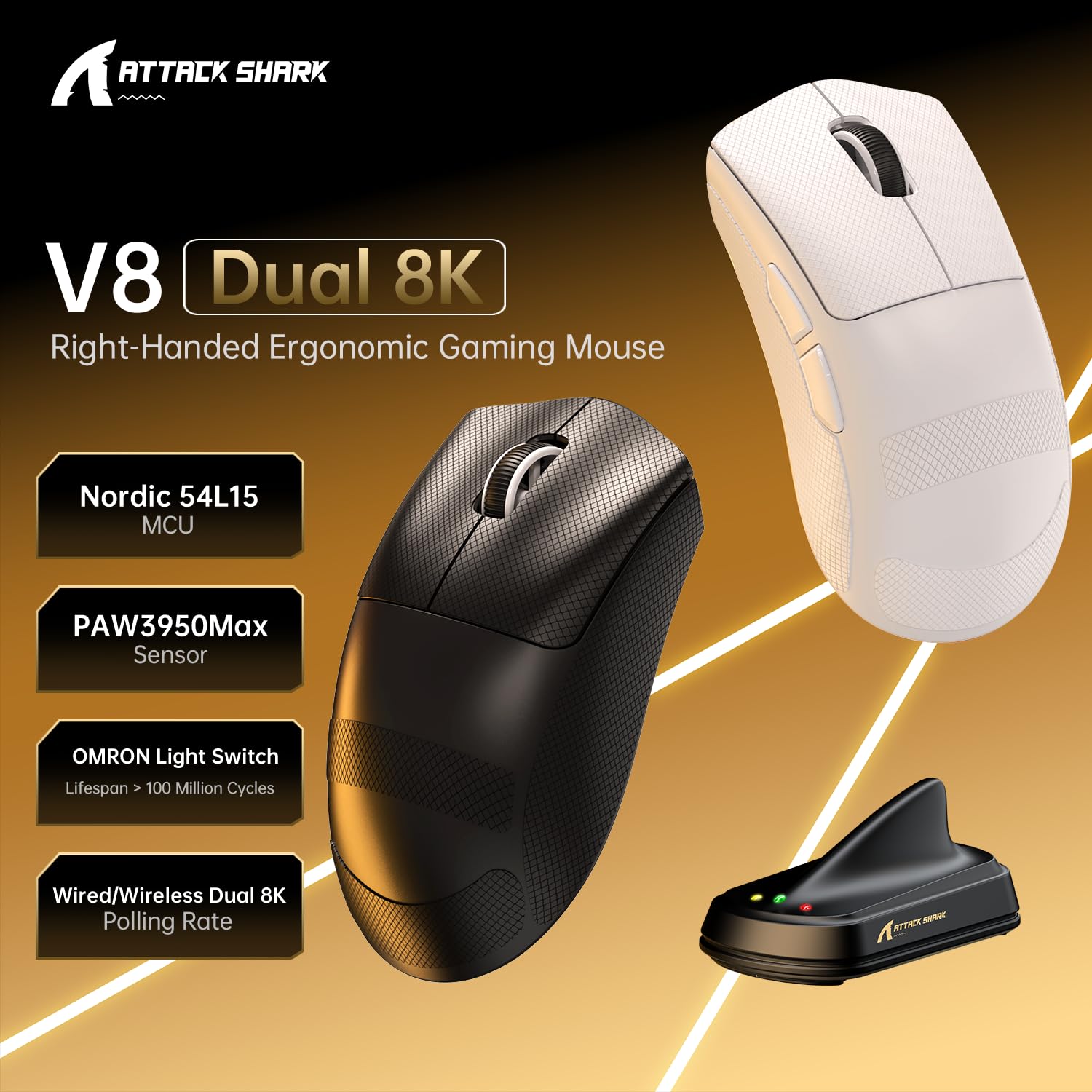 MAMBASNAKE x ATTACK SHARK V8 Wireless Gaming Mouse, 59g Ultra-Lightweight, PAW3950MAX Sensor, SHARK 8K Dongle, Tri-Mode (2.4G/Bluetooth/Wired), Right-Hand Ergonomic Design, Web-Based Software