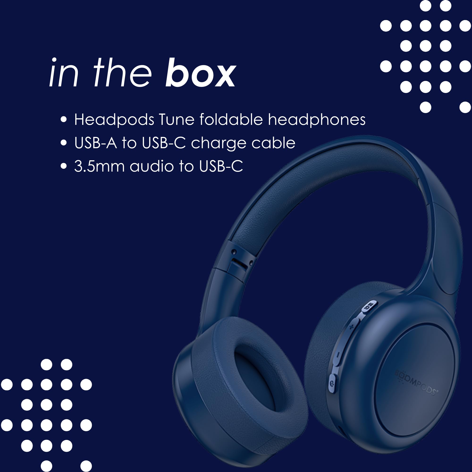 Boompods Headpods Tune Over Ear Headphones - Składane słuchawki nauszne Bluetooth, lekki bezprzewodowy zestaw słuchawkowy z wbudowanym mikrofonem, 65 godzin bezprzewodowej odtwarzania, komfort z