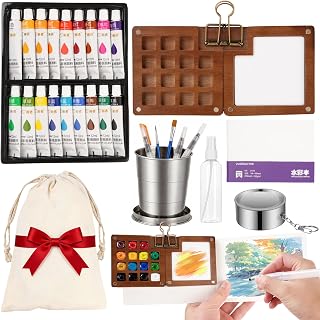 Mini Watercolor Paint Set, Travel Paint Kit with 15-Well Mini Wood Palette,18-Color Pigments, Sketch Pad, Water Brush Pens, Collapsible Cup, Spray Bottle, Storage Bag for Adult, Artists & Beginners