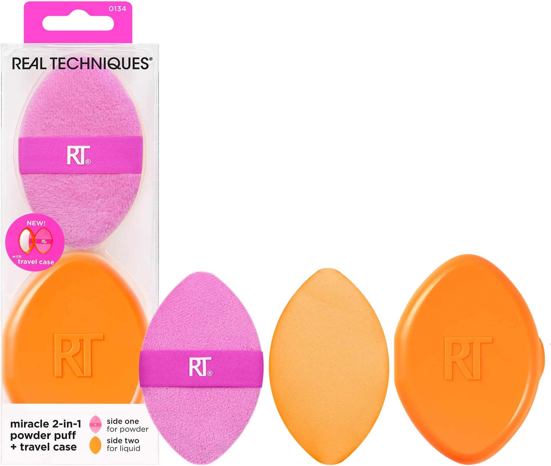 Real Techniques, Miracle 2-in-1 Powder Puff + Travel Case, Set of 2