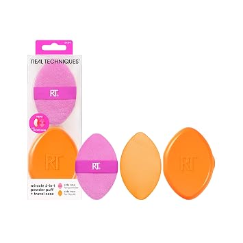 Real Techniques Miracle 2-In-1 Powder Puff + Travel Case, Makeup Puff | Soft set finish with a powder puff with case, dual sided makeup powder puff and mirror case