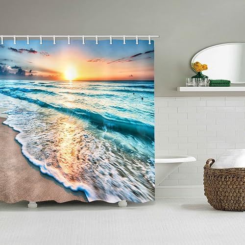 Miniatura 3 de El baño tiene una cortina de ducha de playa al atardecer y la bañera tiene una lujosa cortina de ducha estándar. Cortina de ducha de tela lavable