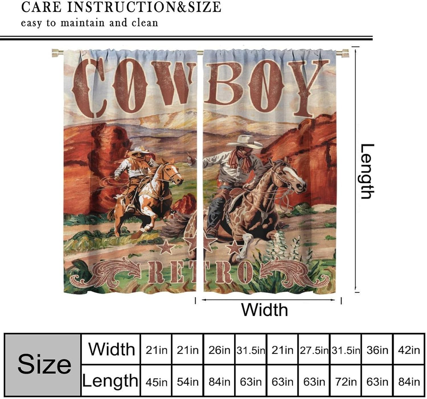 Cowboy Blackout Curtains for Boys,Retro Country Western Canyon Desert Wild Cowboy Adventure Farmhouse Window Treatments for Boys Teenage Bedroom Living Room 42x54in