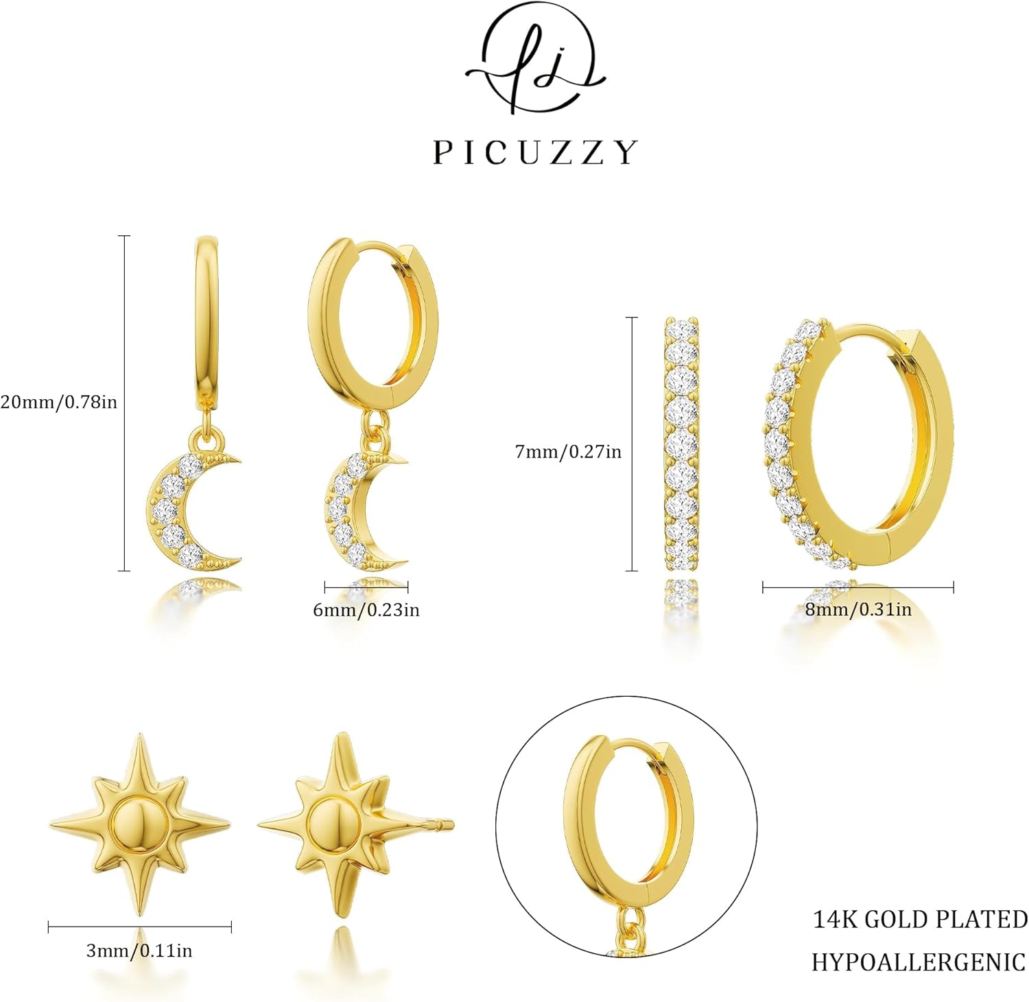 14K Gold Plated Hoop Earrings Set for Women, 3 Pairs Dainty Dangle Stud Cubic Zirconia Earrings Trendy Earrings Stack Non Tarnish 14K Gold Plated Jewelry for Women Christmas Gifts - Image 5