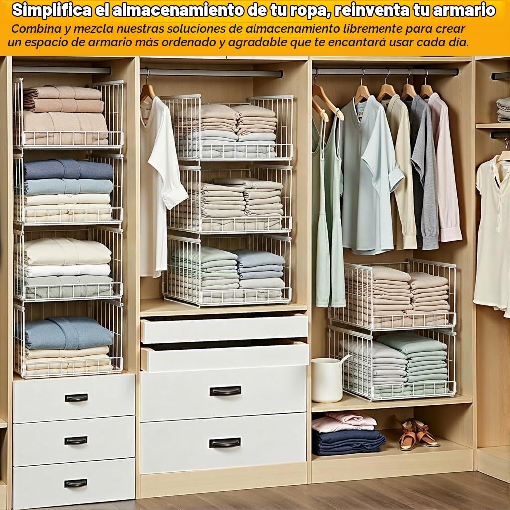 Pack de 4 Blanco Organizadores de armario apilables, Caja de almacenamiento y organizador para cajones, Cesta de almacenamiento para ropero, Sistema de organización plegable para armarios y cajones