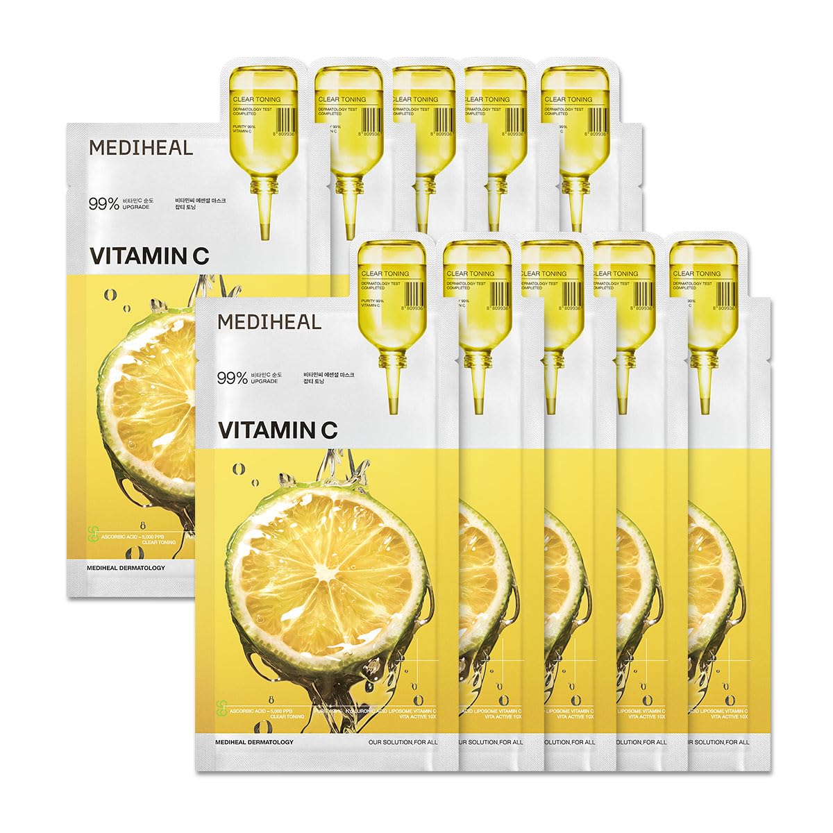 Vitamin C Essential Sheet Mask Clear Toning Pure Vitamin C & 10 Vita Actives For Hydration, Blemish. Vegan Formula 10 Pcs. Transparent