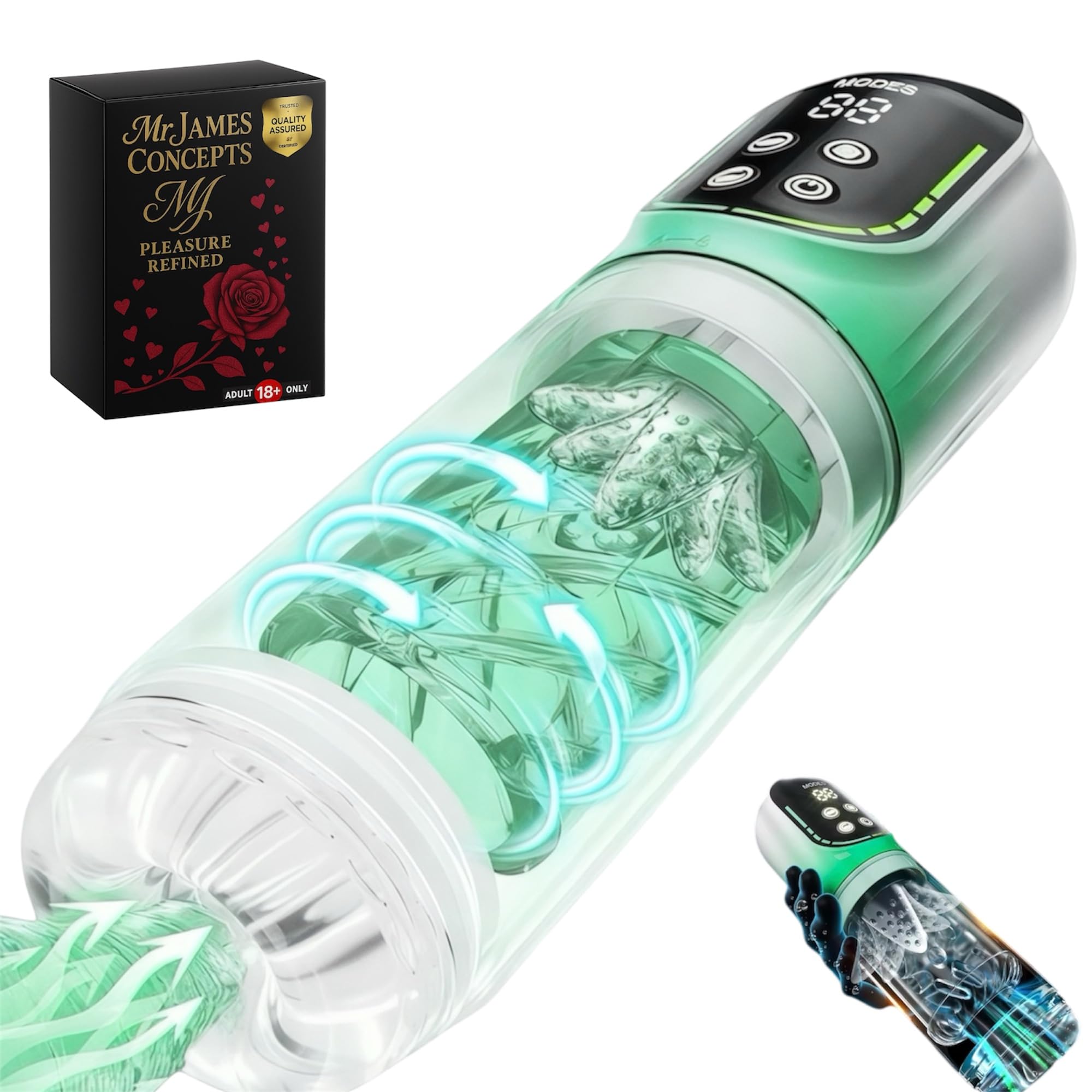 Mr. James Concepts – Masturbatore maschile with vuoto Pump – 3 Pressure Levels, 3D movimento a spinta & rotazione, 7 modalità, silicone morbido Sleeve, impermeabile, ricaricabile USBe Stroker