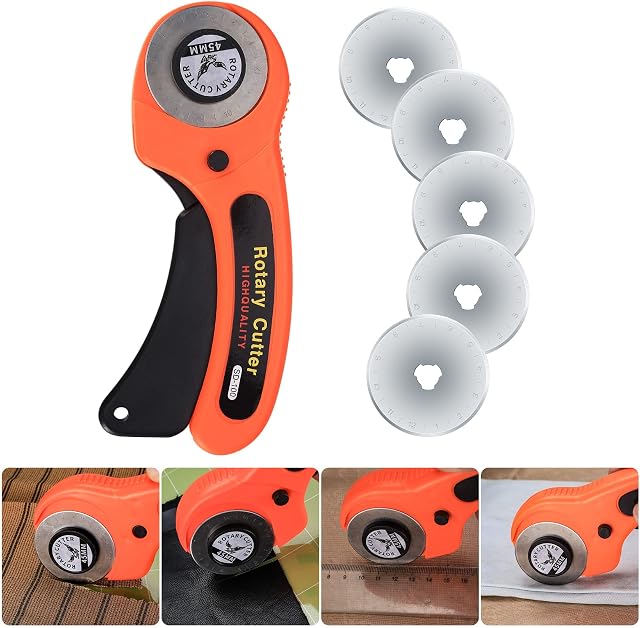 45mm Rotary Cutter, Rotary Fabric Cutter with 5pcs Extra Blades Ergonomic Handle Rolling Cutter with Safety Lock for Precise Cutting, Rotary Cutter for Fabric, Leather, Crafting, Sewing