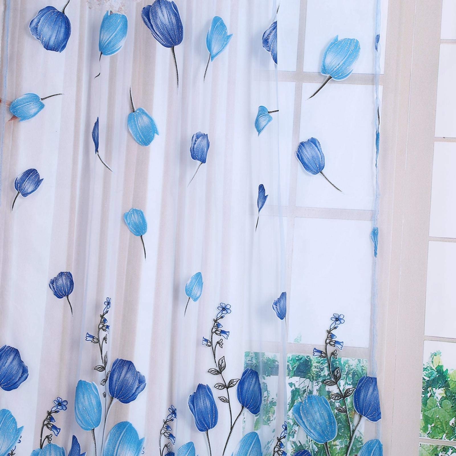 Rideau En Tulle Imprimé Tulipes - 100x200cm, Polyester, Transparent, Décoration Salon/chambre/balcon - 8