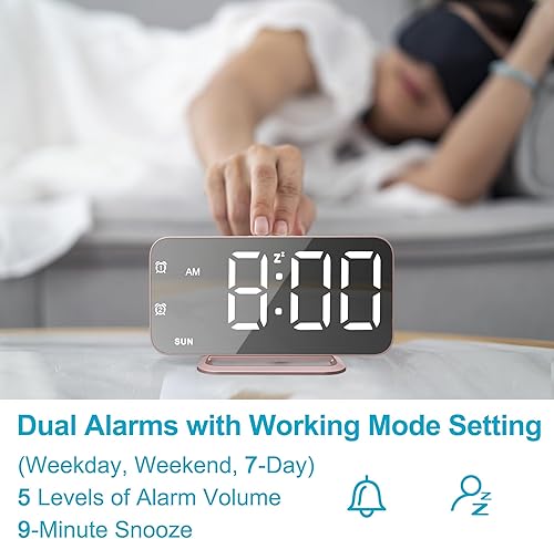 Miniatura 3 de Reloj de alarma LED digital delgado, superficie de espejo para maquillaje, con atenuación, pantalla grande, configuración fácil, puertos USB,