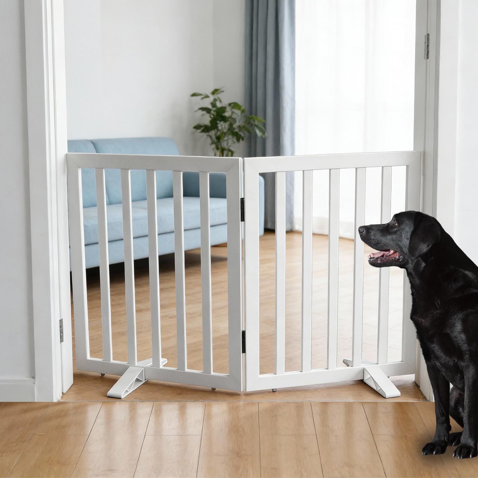 SFJC Pet Door Indoor, Freestanding Dog Fence for The House, Doorways, Hallways,or Stairs,Pet Gate Foldable Wooden,Expandable 24" Height 2 Panels,White