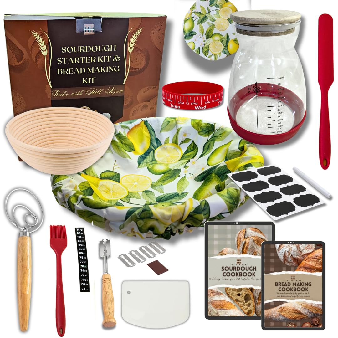 Sourdough Starter Kit Beginners | Sourdough Bread Kit | Banneton Bread Proofing Basket, Sourdough Jar, Bread Lame Dough Scoring Tool, Danish Dough Whisk, Sourdough Cookbook For Beginners Baking Kit