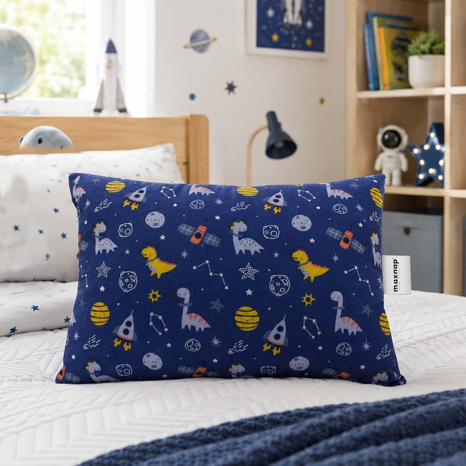 MAXNAP Kids Pillow for Sleeping, 12x18 Inch | Soft Polyester Filled Toddler Bed Pillow with Blue Dinosaur & Space Print | Medium Comfort, Hypoallergenic, Lightweight & Machine Washable (Pack of 1)