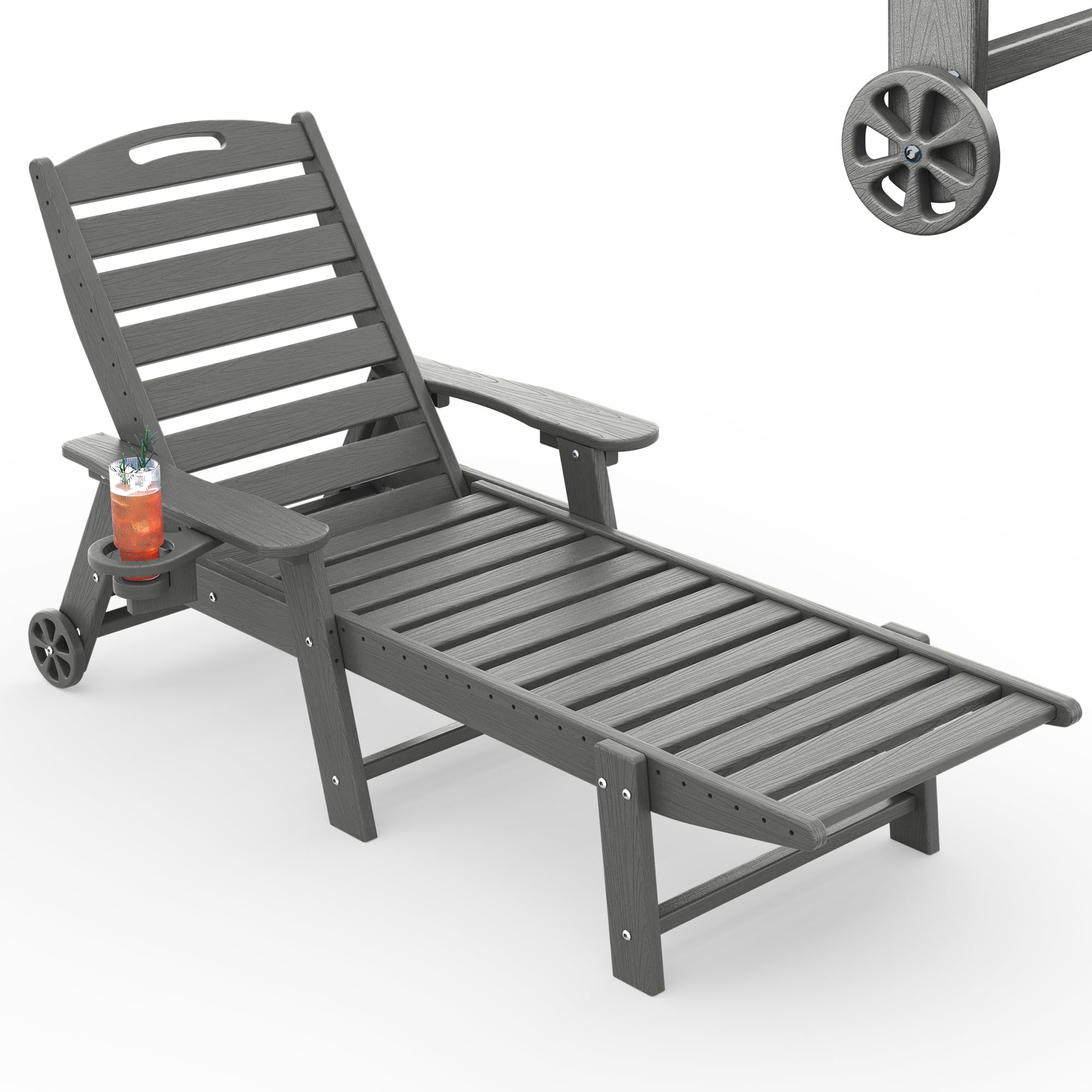 Chaise Lounge Outdoor, Lounge Chair Outdoor with Wood Texture, Adjustable 5-Position Backrest, HDPE Lounge Chair with Wheels &amp; Cup Holder for Pool Deck Backyard, Dark Grey