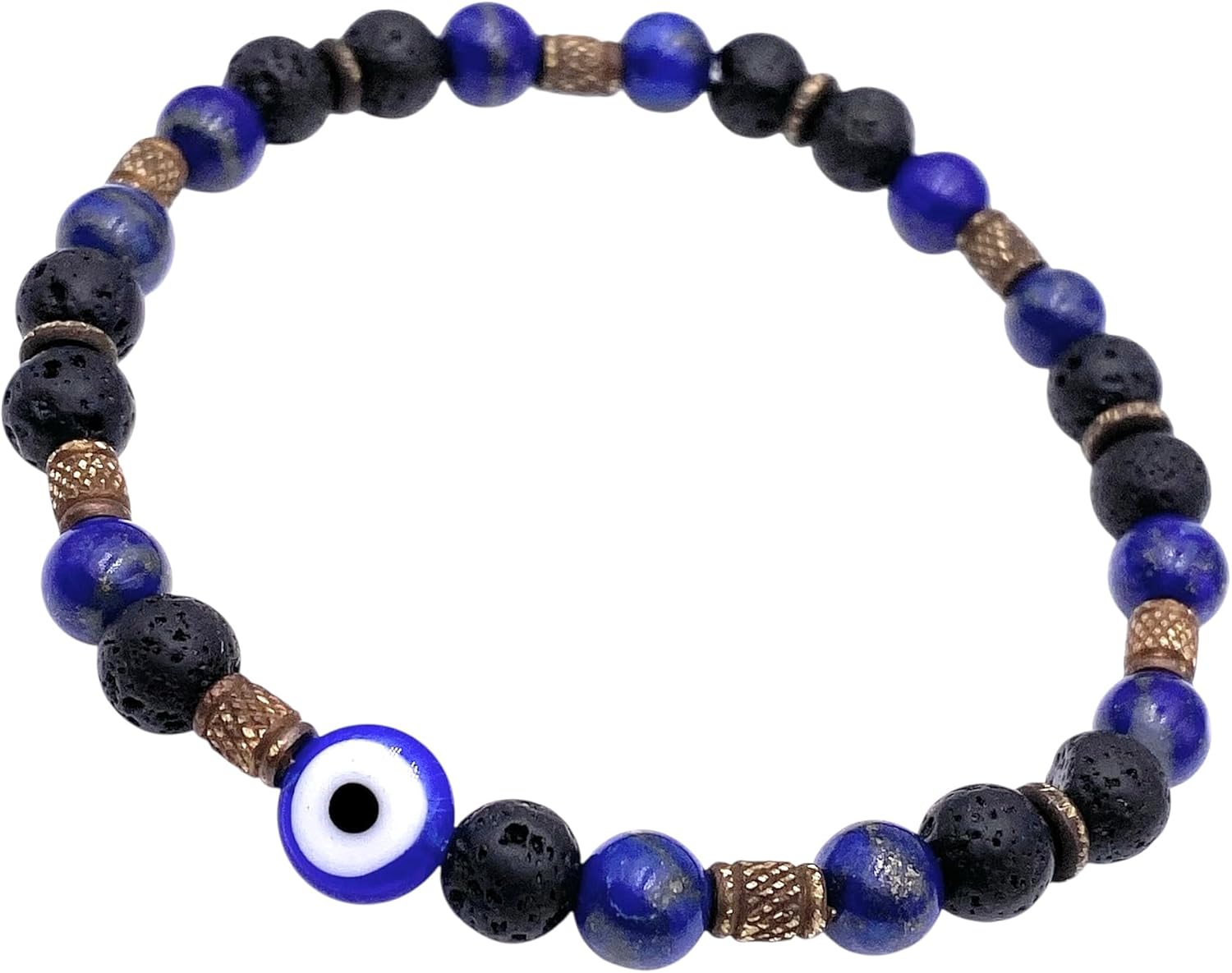 LESLIE BOULES Men Evil Eye Protection Stone Lava Beaded Stretch Bracelet -Blue/Black - Dispelling Fear and Anxiety