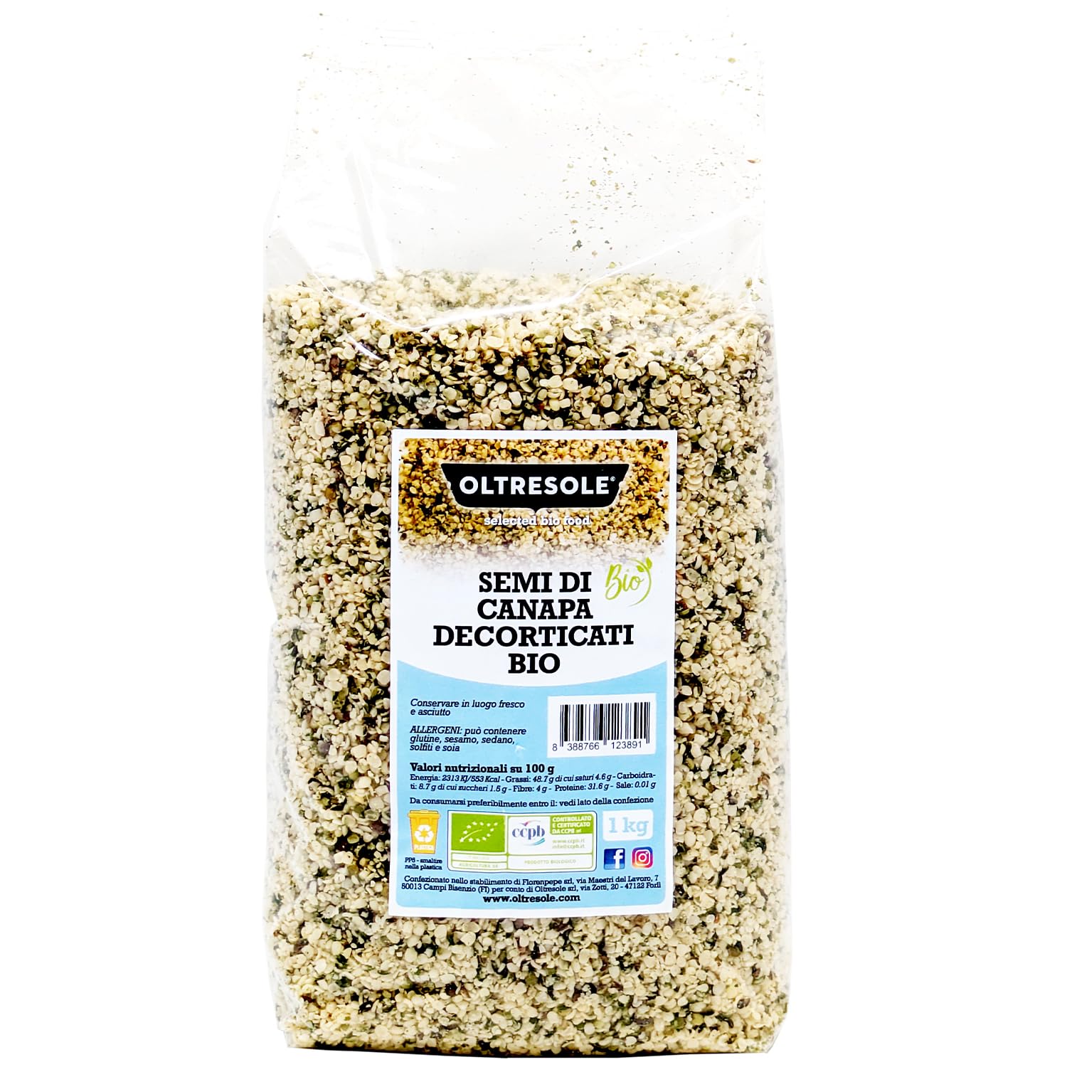 Oltresole, Semi di Canapa Decorticati Biologici 1 kg, Semi Oleosi Europei Crudi, Superfood, Ricchi di Proteine Fibre e Omega-3, Ideali per Insalate e Zuppe, Confezione Ideale per Famiglie