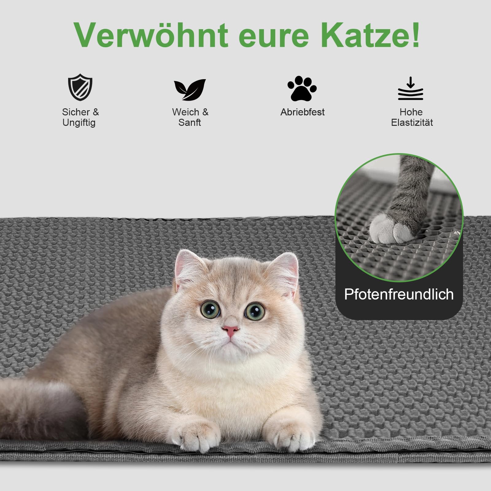 Katzenklo Matte 90x60 cm XXL Katzenstreu Matte, EVA Doppelte Schichte Waben Katzenmatte Katzenklo Wasserdichte Unterlage Katzenklo Katzenstreumatte, Grau