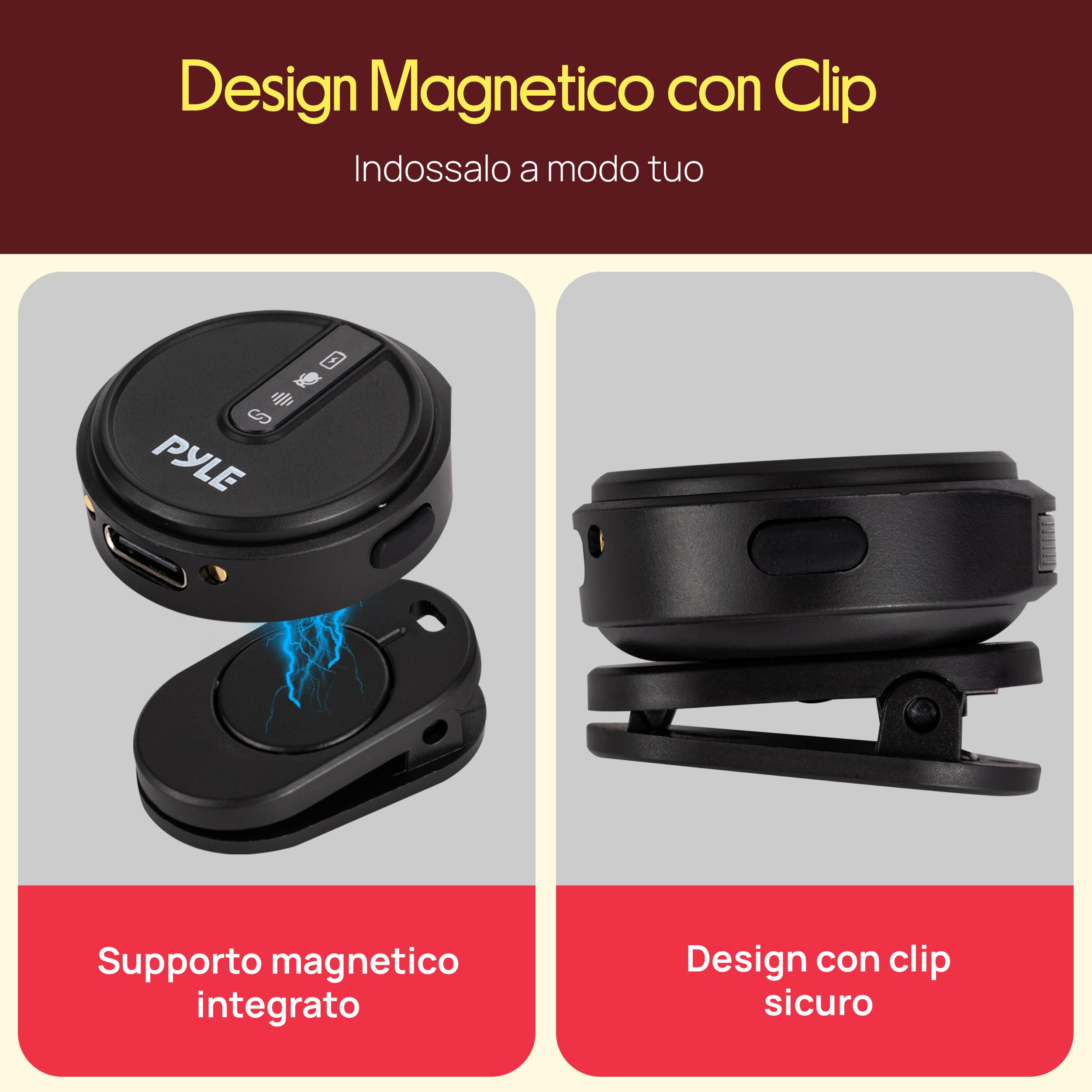 Pyle Microfono Wireless Lavalier USB-C, Clip-On Magnetico Antirumore, Batteria 8h, Custodia Ricarica, per la Registrazione Video, Vlogging Streaming, Microfono per Video Social, Podcast Interviste