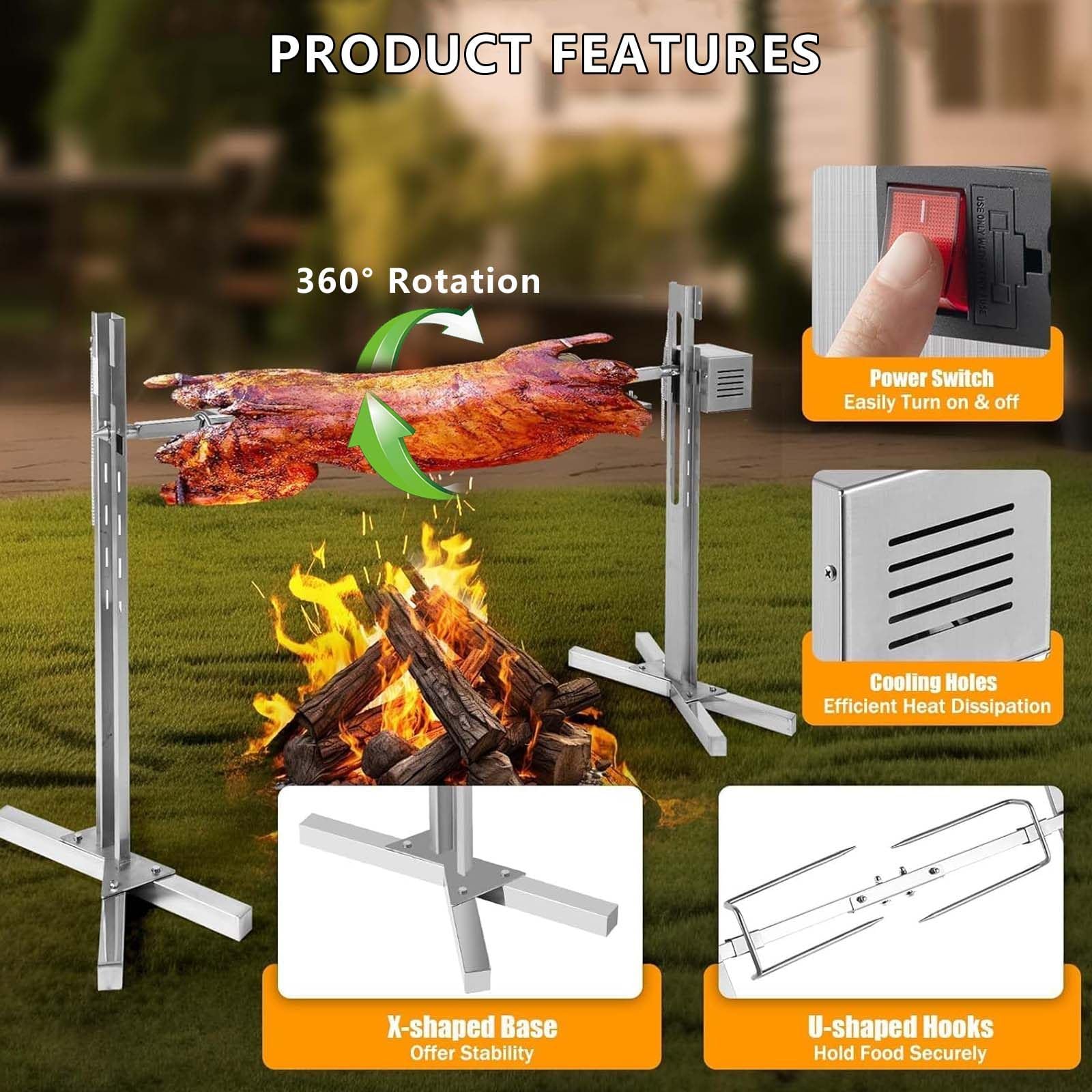 Kit Girarrosto Elettrico da 114 Cm, capacità da 150 A 200 kg, Supporto per Girarrosto per Maiale E Agnello, per Feste All'Aperto E Campeggio
