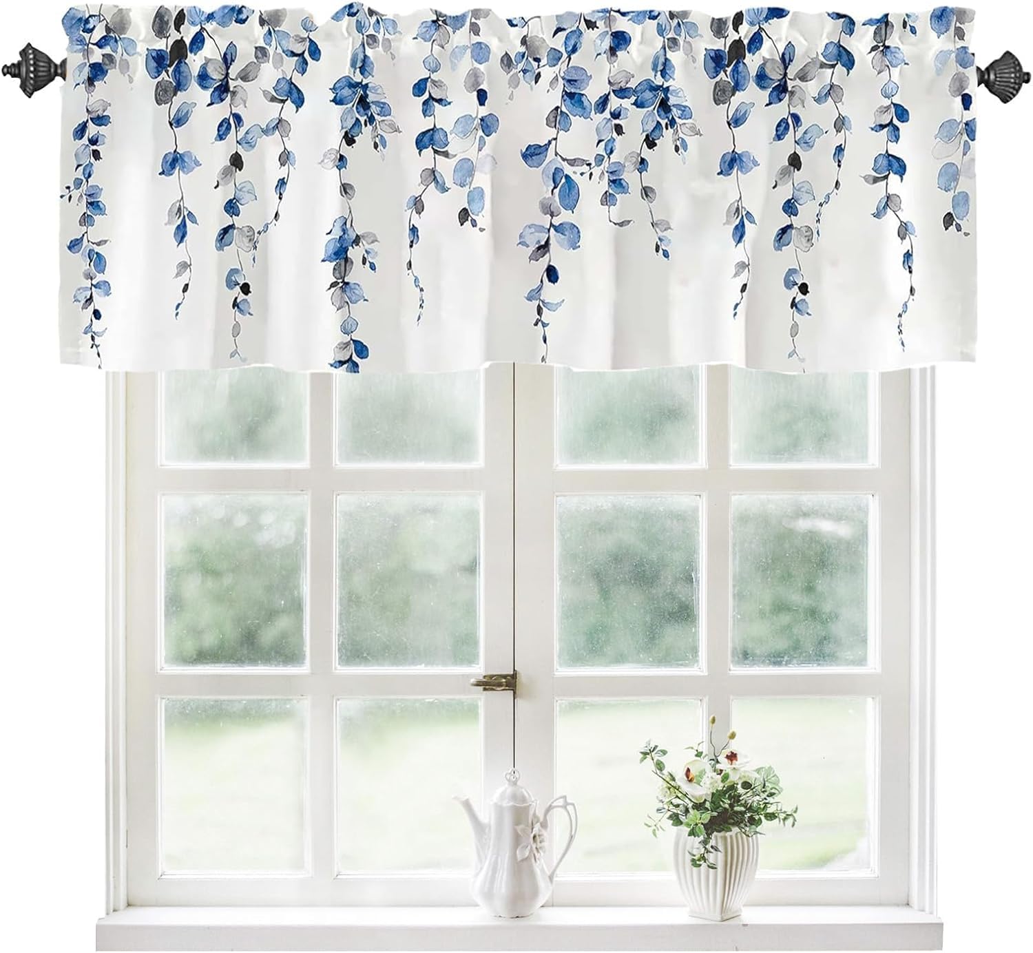 2 Pack Blue Watercolor Leaves Curtain Valance for Kitchen Window,Leaf Vine Plant Valance Curtains & Drapes 3" Rod Pocket Window Treatment for Bedroom Living Room Curtains Over Sink 54x18in,2 Panel