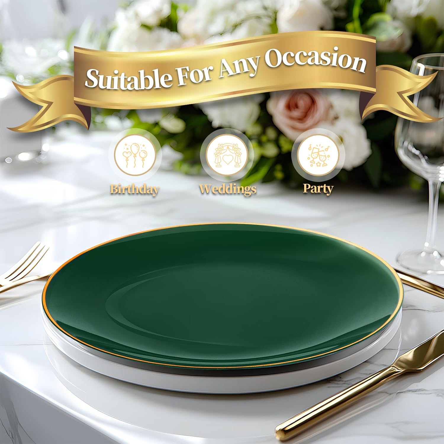 40 PCS Green Plastic Plates, Green Disposable Plates With Gold Rim, Heavy Duty Plastic Plates include 20 Dinner Plate, 20 Dessert Plate, 20 Napkins for Party Wedding St patricks day