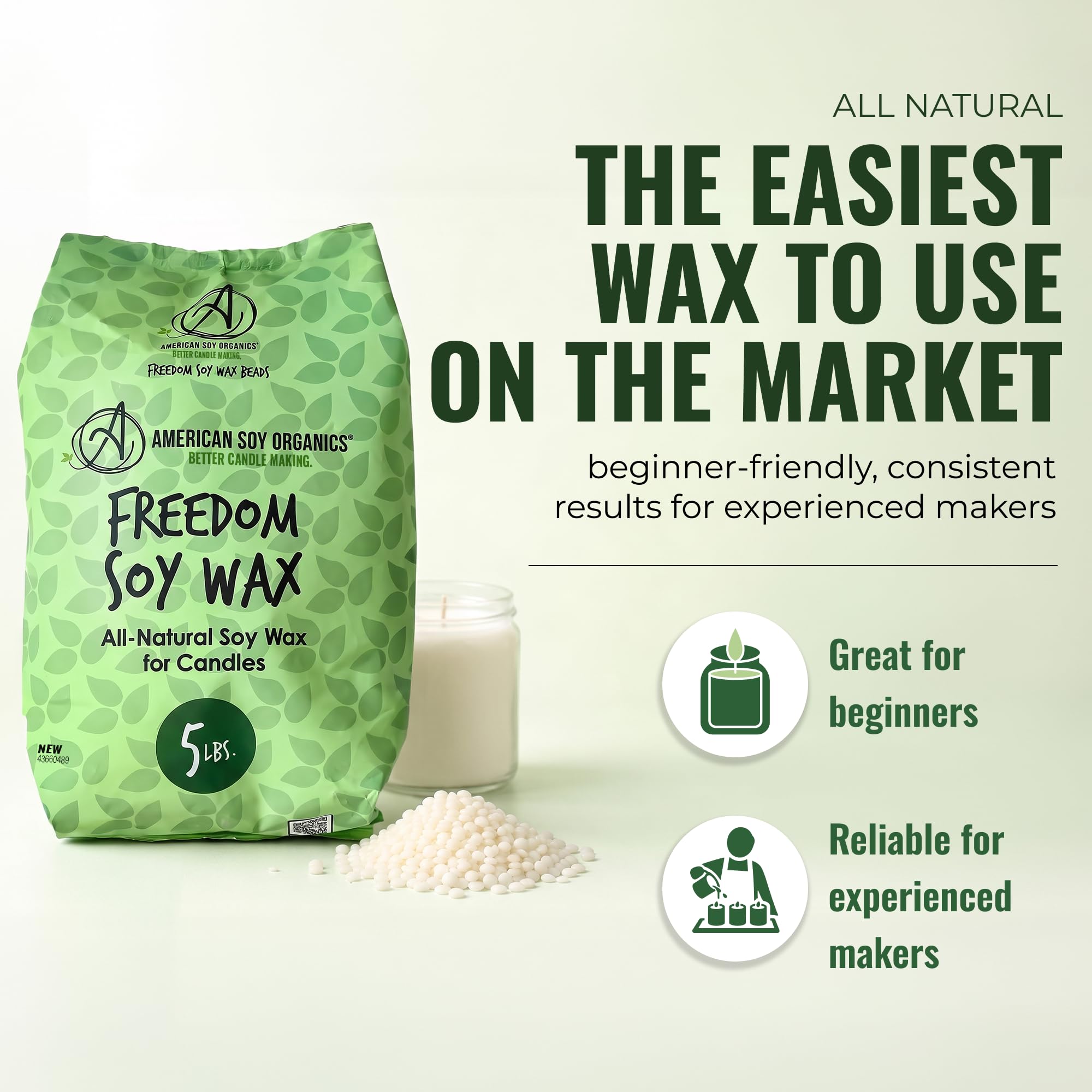 American Soy Organics - Perły wosku sojowego Freedom do produkcji świec, wysokiej jakości materiały do produkcji świec sojowych, 2 kg