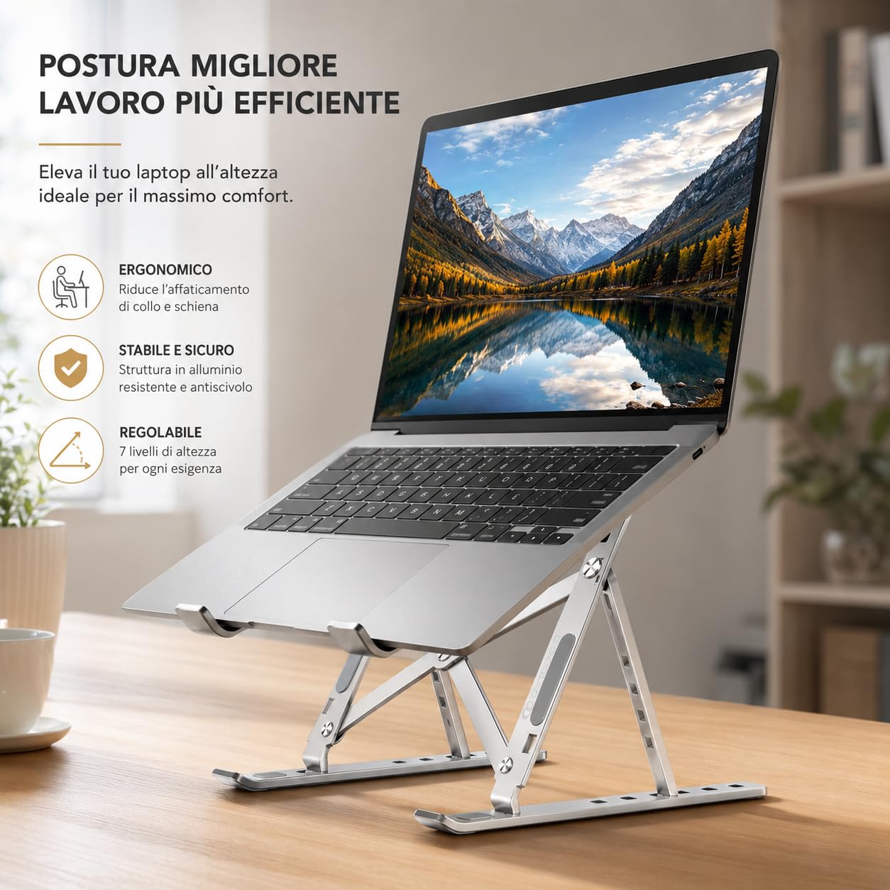 Ali Brothers Supporto per Laptop in Alluminio, Pieghevole e Portatile, Regolabile a 7 Livelli, Antiscivolo, Grigio, Finitura Metallica Anodizzata (supporto da laptop)
