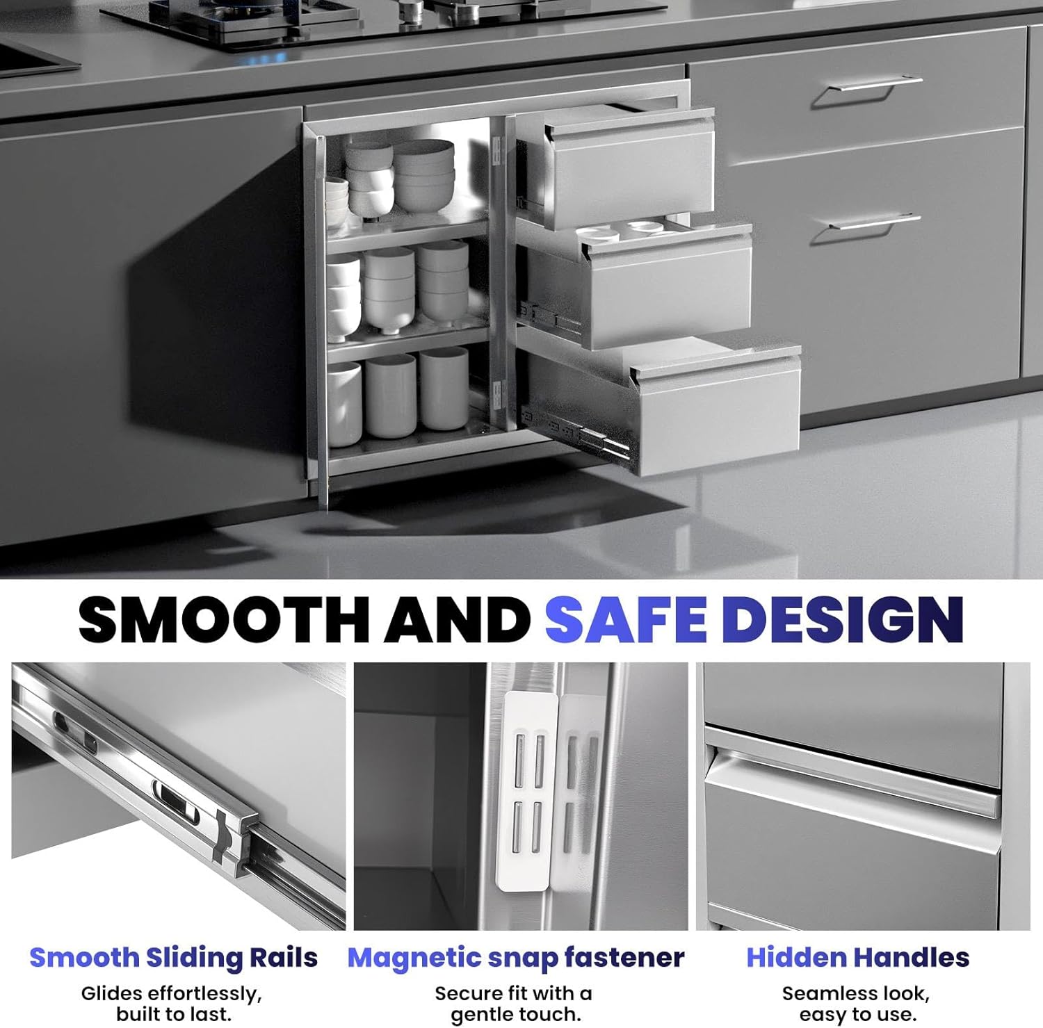 Outdoor Kitchen Drawer Combo, 28" W x 22" H x 19.7" D, Stainless Steel Kitchen Cabinets with Triple Drawers and Access Door, Multi-Layer Design for BBQ Island