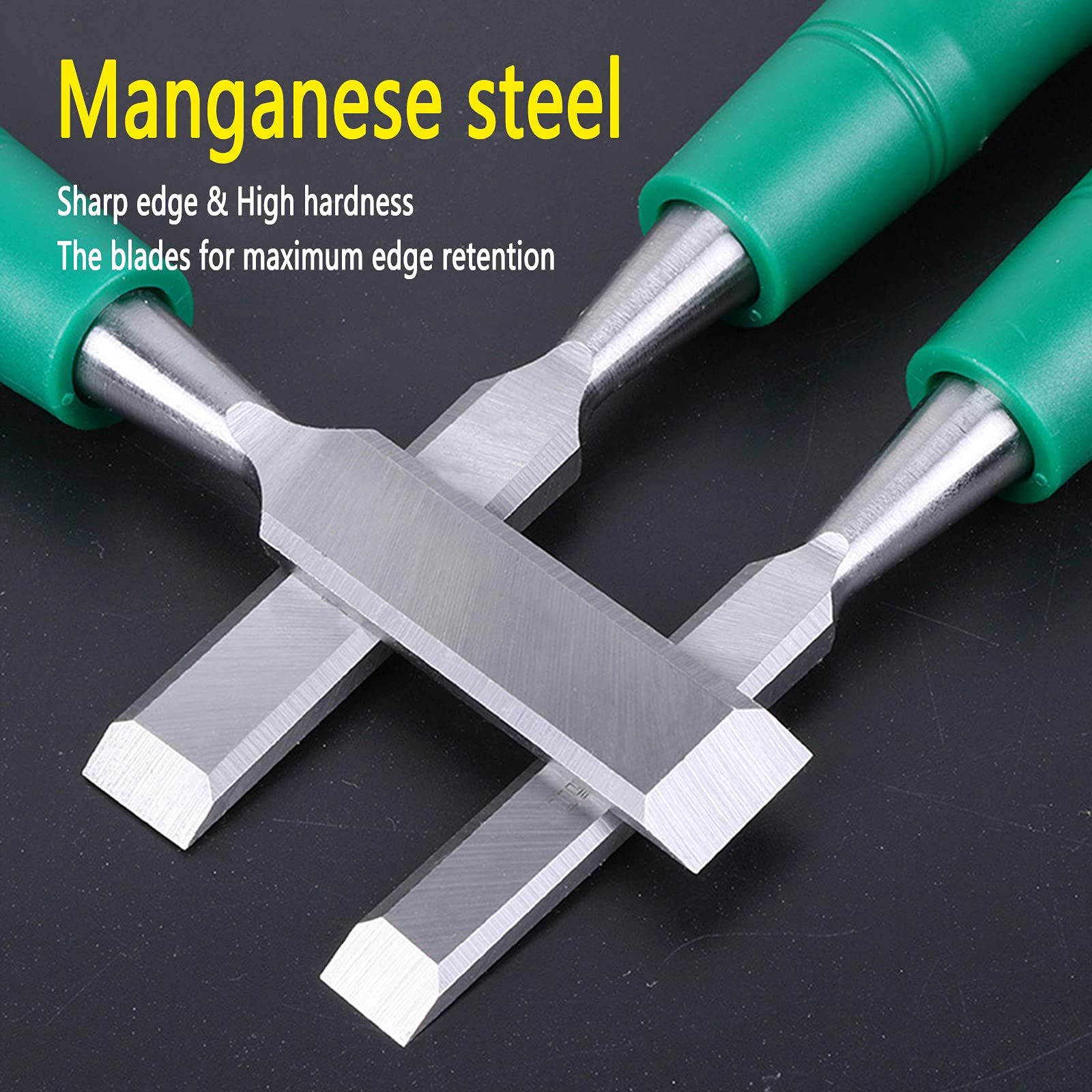 Juego de 7 cinceles para Madera, Resistentes cinceles de Acero al manganeso para carpintería con Mango ergonómico, Tapa de Impacto de Acero y Protector de Hoja.