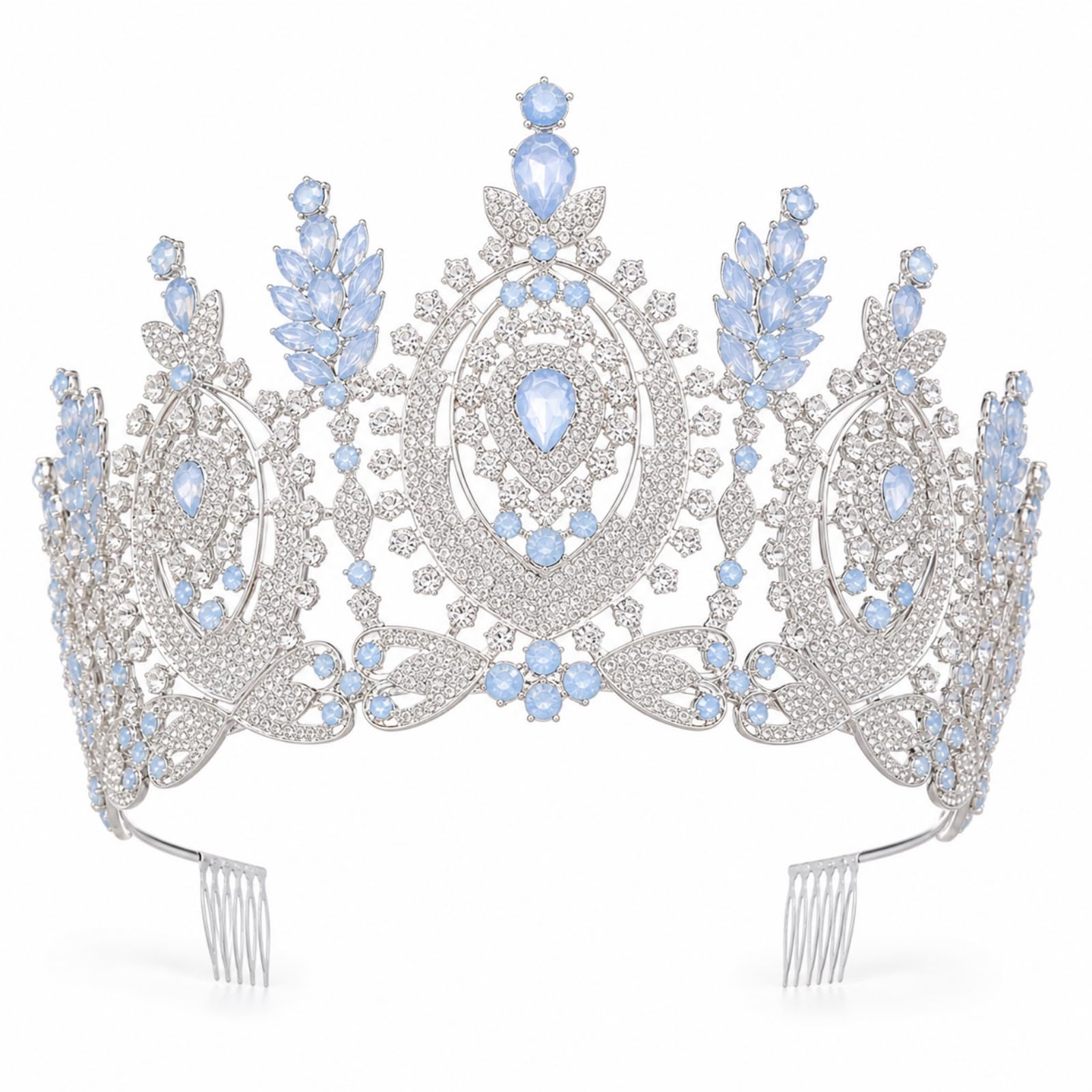 Corona Novia Brillant Ornamental Llamativa Adorno Cabello para Quinceañeras, Plata Gruesa + Diamantes Azul Gelatina + Peine