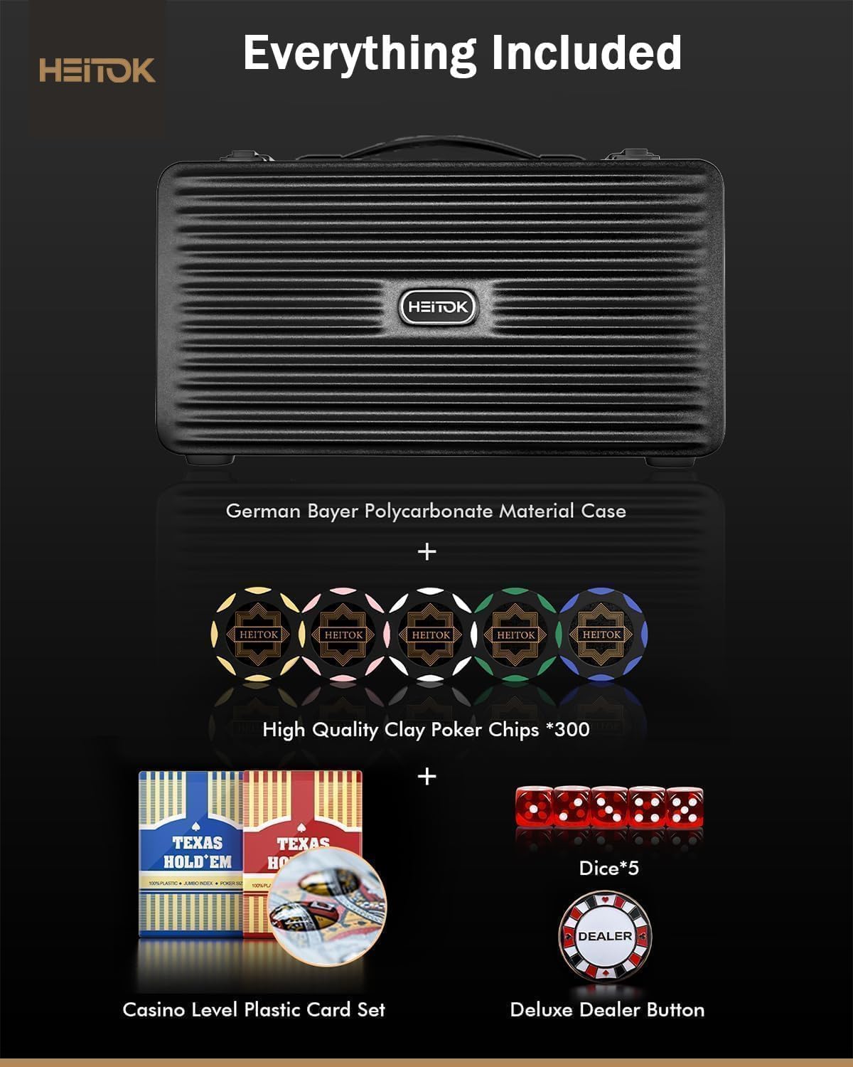 HEITOK Set Fiches Poker Clay Composite 300 pz 14g con valigetta | 300 pz 14g Clay Composite numerate con valigetta per Texas Holdem e Blackjack.