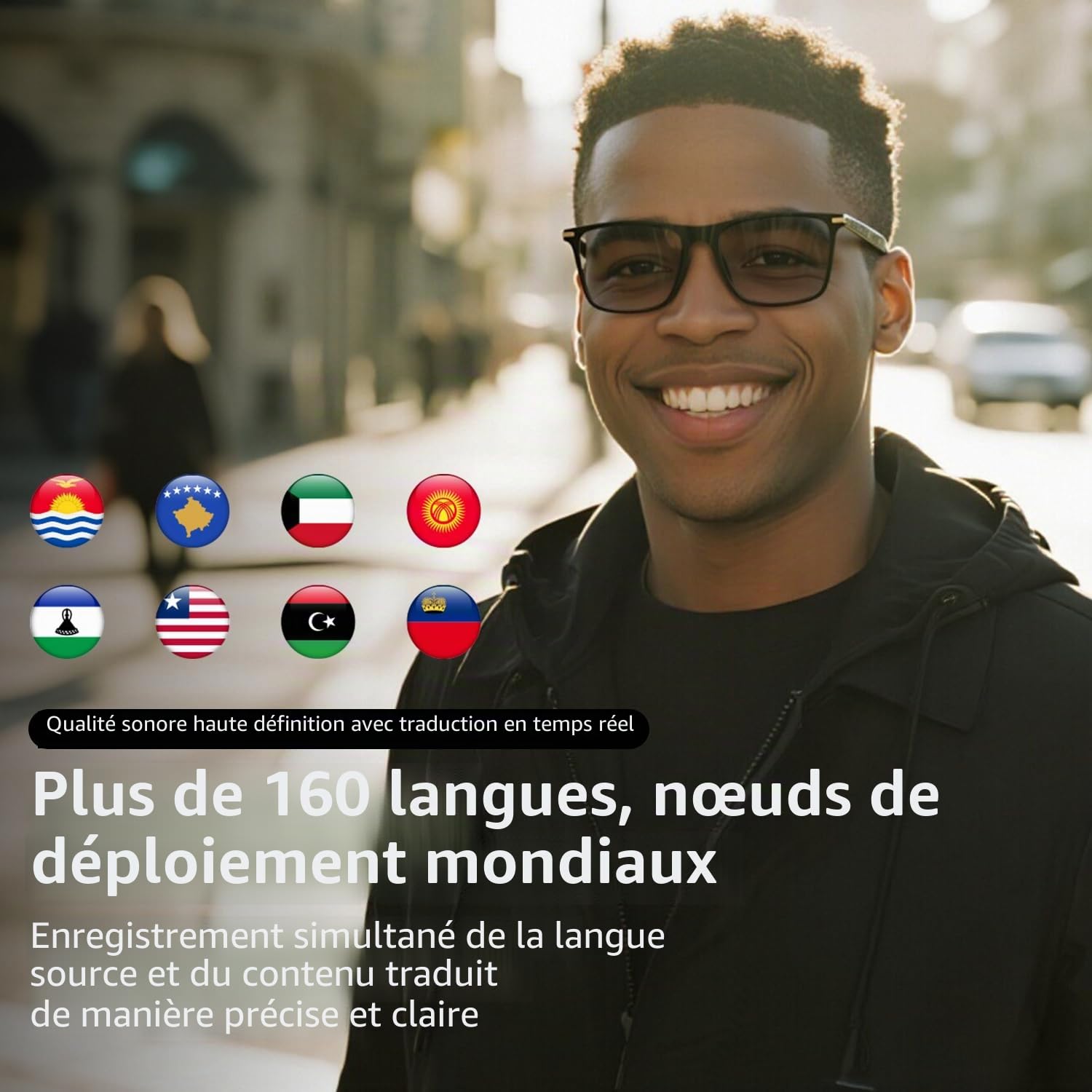 Lunettes intelligentes Bluetooth AI avec plus de 160 langues, lentilles de changement de couleur, haut-parleur intégré et audio clair – Lunettes traducteur vocal en temps réel pour les voyages