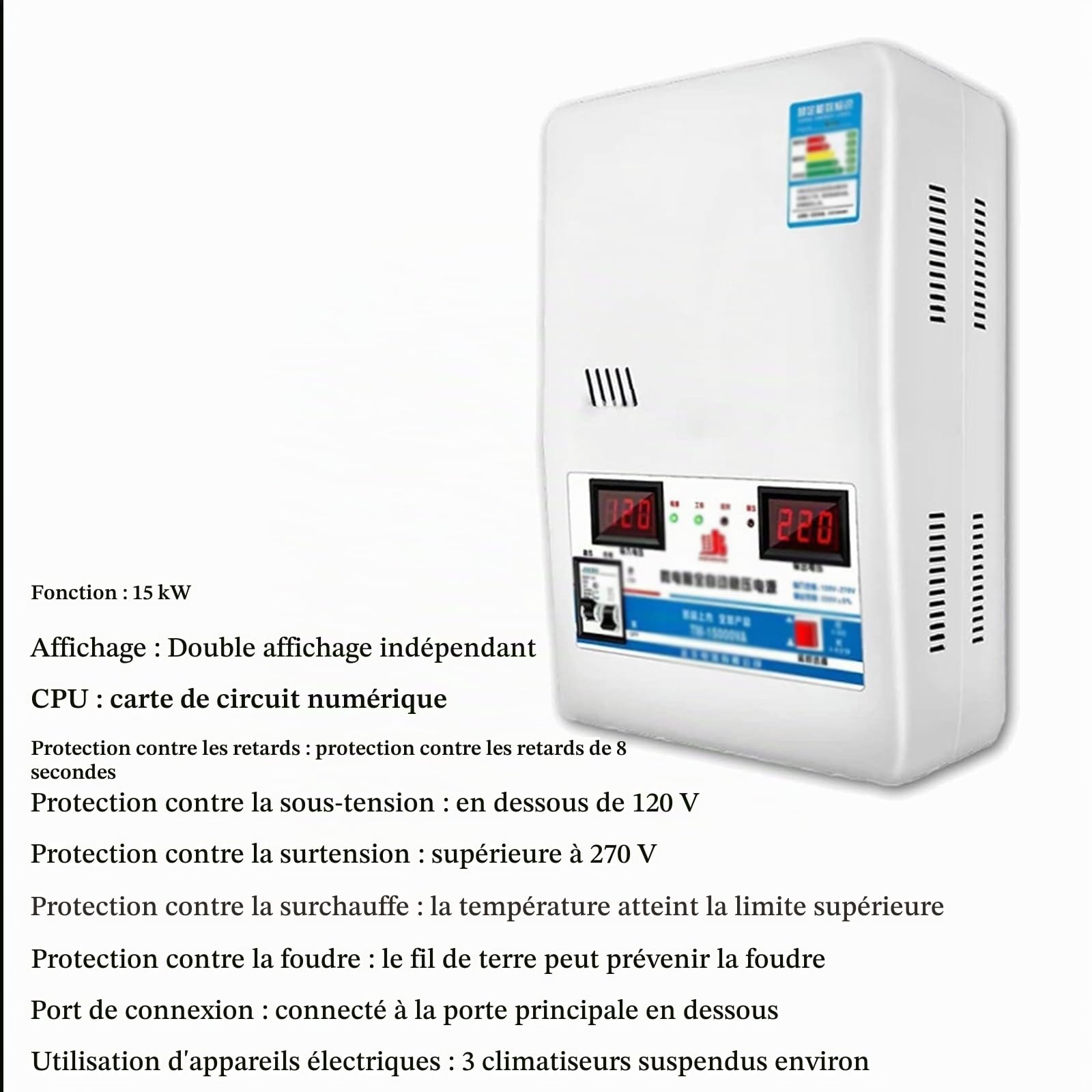 Régulateur de Tension Automatique 220V 15000VA Stabilisateur de Tension Ultra Basse pour la Maison Stabilisateur d'alimentation électrique