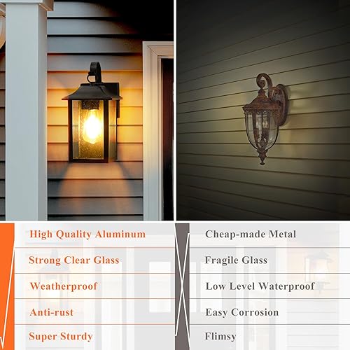 Miniatura 6 de Brightever Lámpara de pared exterior para casa, luces de porche exterior impermeables, linterna de pared negra mate con vidrio sembrado, aplique de
