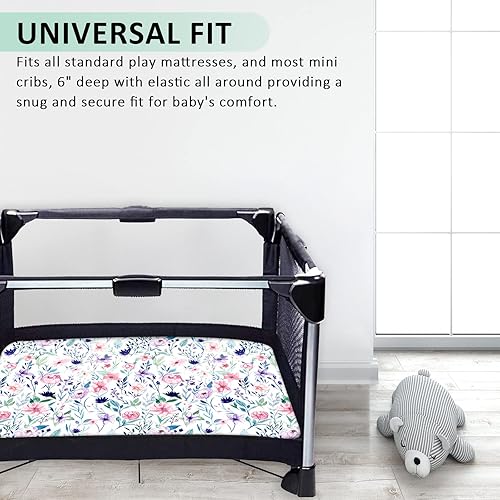 Miniatura 6 de Pea Pod Pack N Play - Sábanas para bebé niña, paquete de 2 sábanas neutras florales para cuna, sábana bajera ajustable y portátil, tejido de jersey