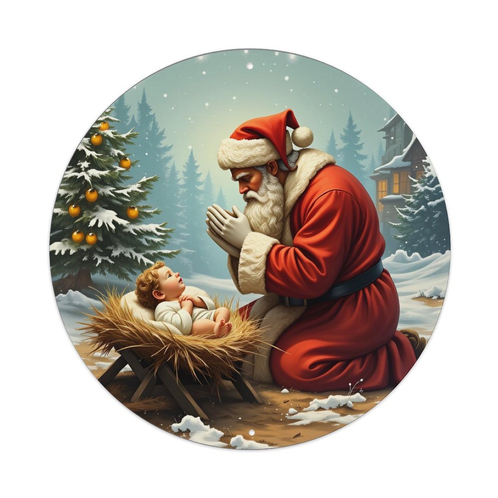 Santa Kneeling Baby Christmas Tree Round Tin Sign Retro Metal Sign for Cafe Bar Pub Home Game Room Gym Club Wall Decoration Vintage Metal Poster 8x8 Inch