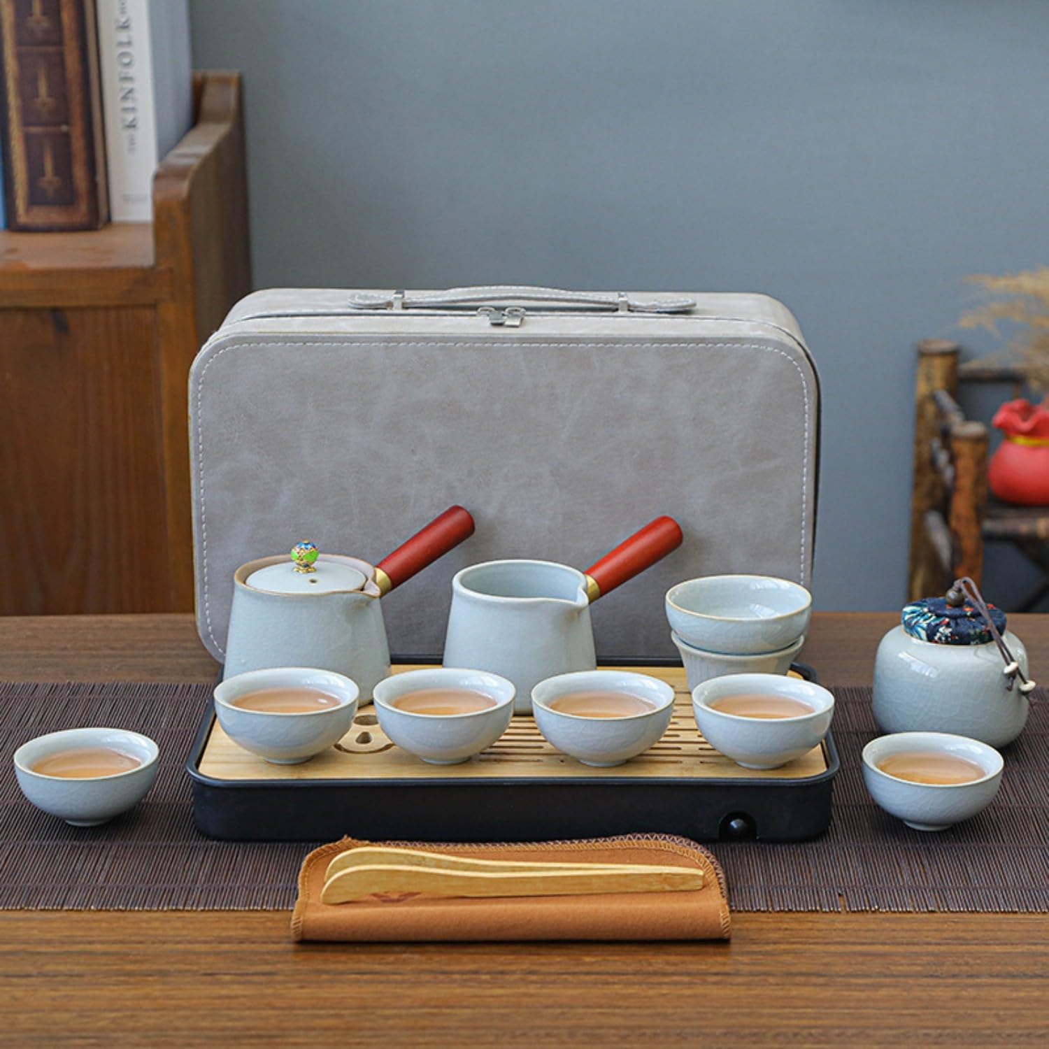 月白木柄壶六杯小碗杯茶叶罐茶盘带灰色旅行包 Glass Tea Cup,Ceramic cup Set,Zi Sha Tea Cup,Ceramic Teapot,Purple Clay Tea 月白旅行茶具套装户外便 Ceramic Coffee Mugs Set,Microwave & Dishwasher Safe,Gift for Man and Women