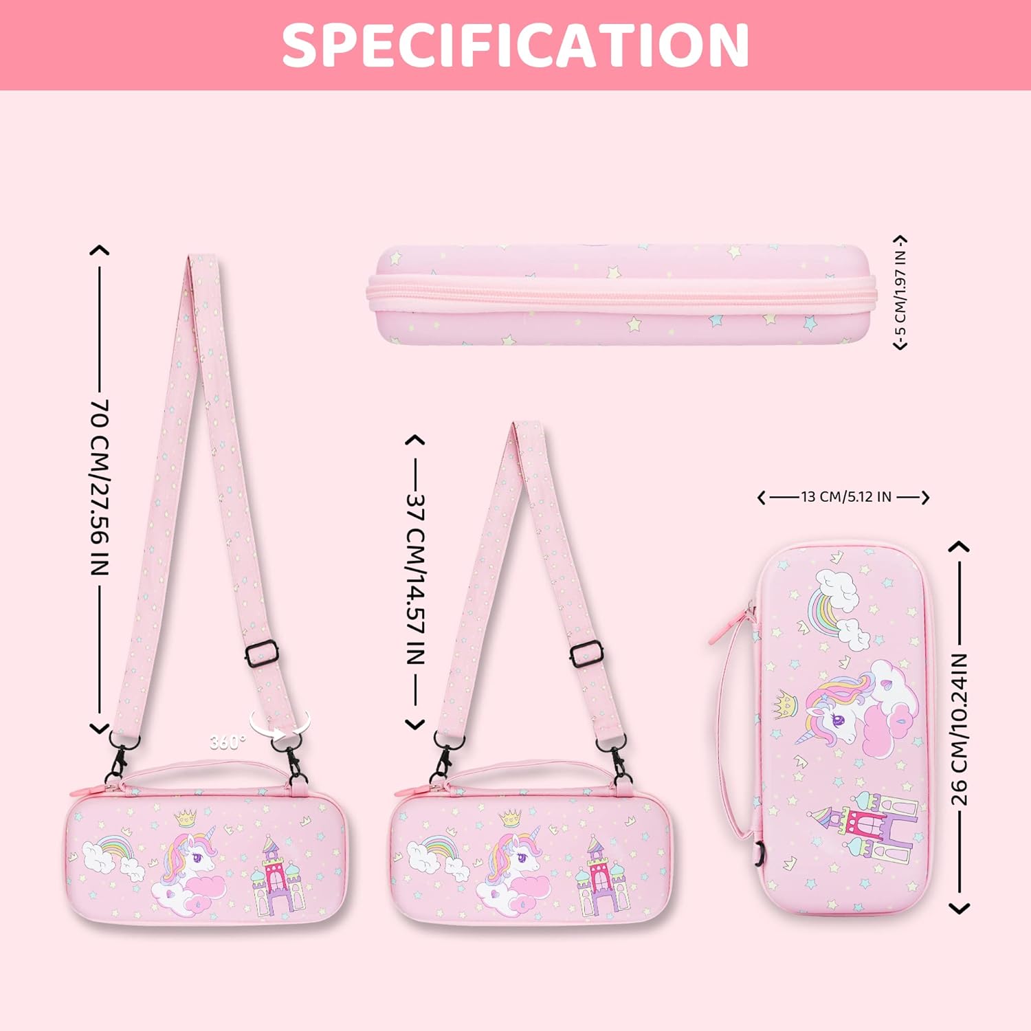 GLDRAM Pink Carrying Case for Nintendo Switch OLED, Cute Accessories Bundle for Unicorn with Portable Travel Storage Bag, Hard Shell PC Protective Cover, Screen Protector, Thumb Grips & Shoulder Strap - Image 3