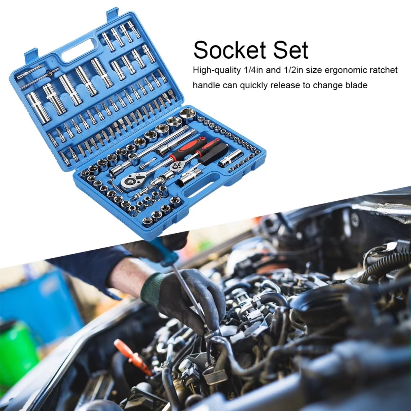 Maletín herramientas multiusos Juego Trinquete 108 Uds. Llaves Acero 1/4 Pulgadas Y 1/2 Pulgadas Herramientas + Caja Kits Herramientas Manuales Kit El Hogar Y El Coche DIY