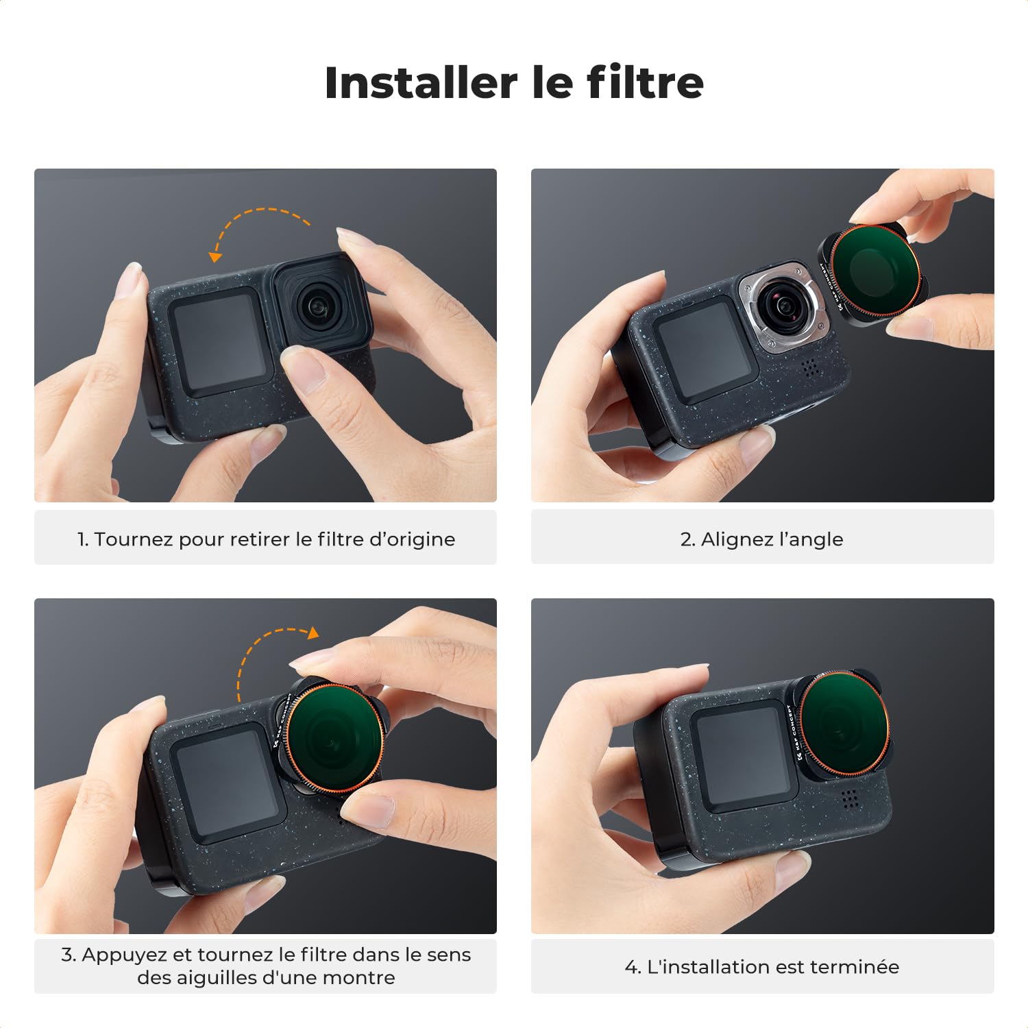 K&F Concept Filtre CPL ND8 ND16 ND32 ND64 ND1000 Compatible avec Gopro Hero 9/10/11/12/13 Verre Optique Cadre Plastique HD Étanche Anti-Rayures