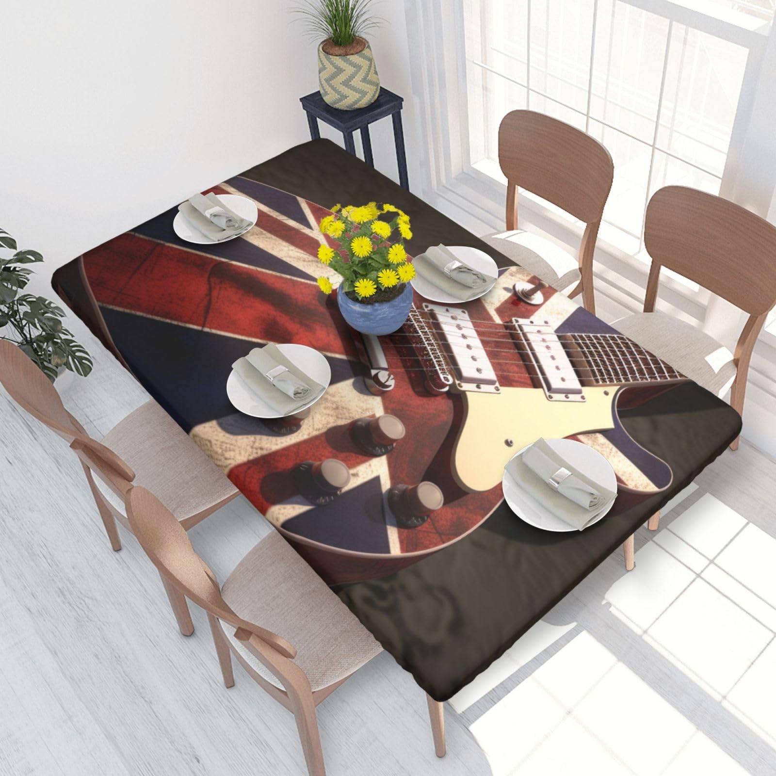 DCARSETCV Guitar British Flag Printed 4FT Waterproof Tablecloth with Elastic Edged Protect & Decor Your Table, Oil-proof Washable Table Cloth Cover for Dinner Picnic Party
