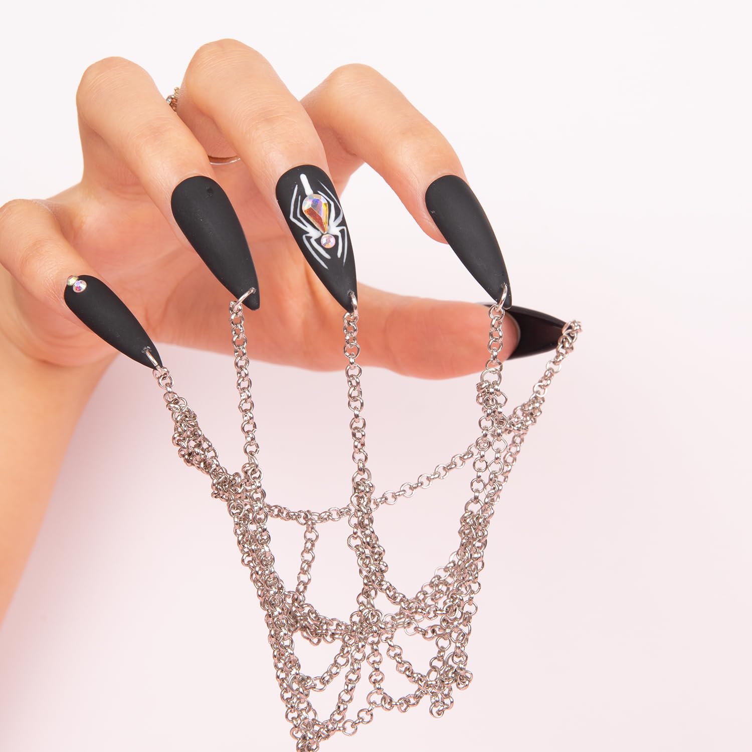 LOVFUL Press on Nails Itsy Bitsy Spider | Handmade with Full Covered Crystals | Reusable Full Cover Nails | Stiletto Classic Regular 1.3 in | H31-M