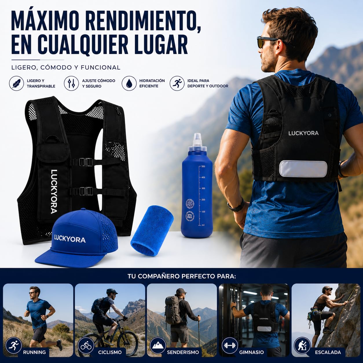 Gilet de course pour homme et femme - Sac à dos d'hydratation avec Soft Flask 500 ml, casquette et poignet - Gilet léger respirant pour course